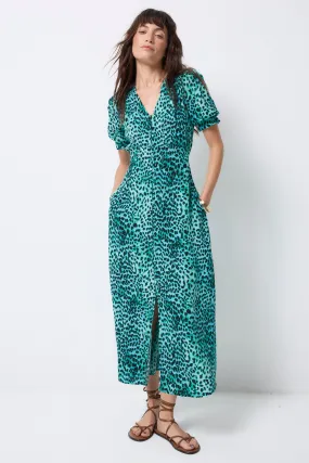 Turquoise with Black Leopard Flute Sleeve Midi Tea Dress Effortless Tailoring