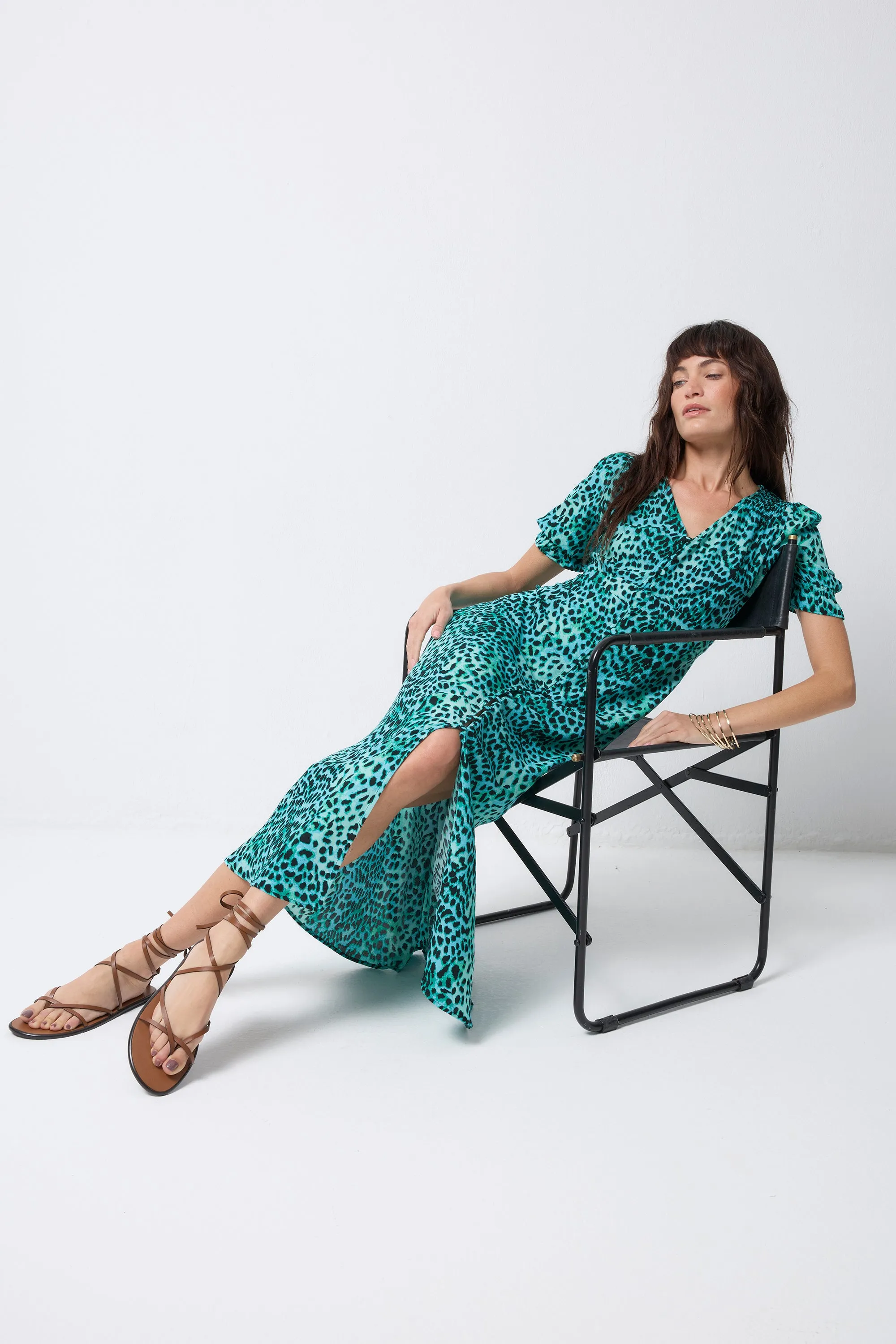 Turquoise with Black Leopard Flute Sleeve Midi Tea Dress Balanced Look