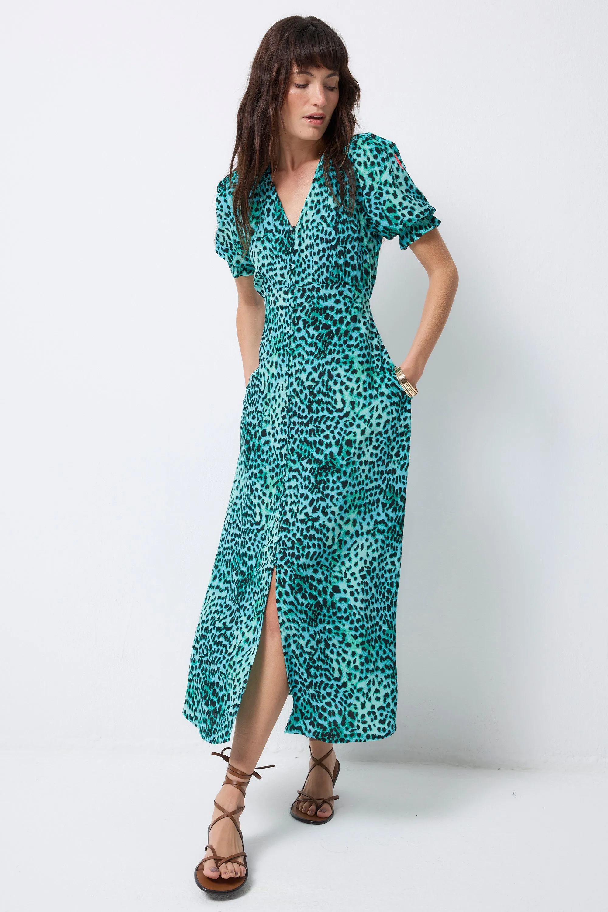 Weekend Feel Turquoise with Black Leopard Flute Sleeve Midi Tea Dress