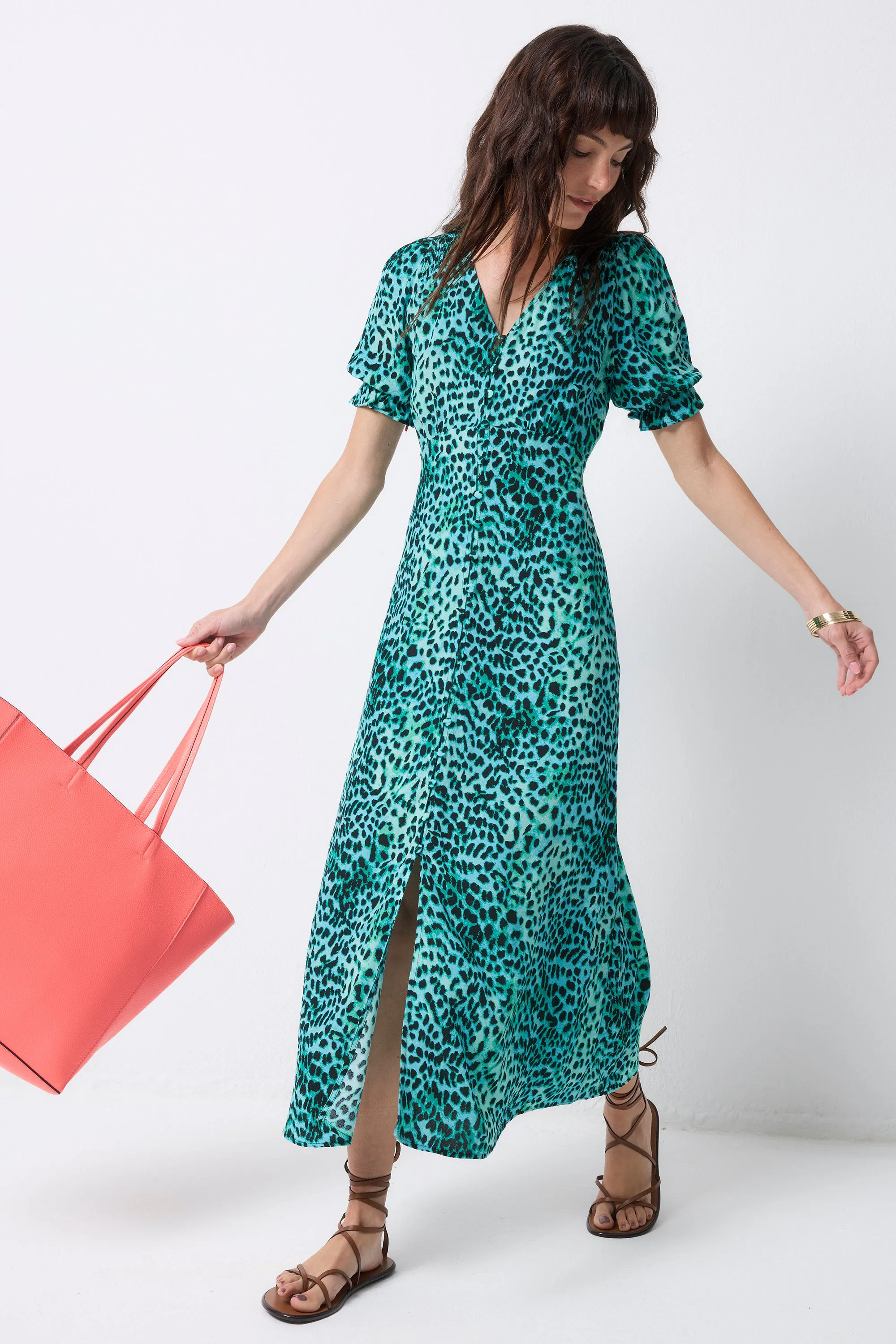 Cozy Layers Back Glow Turquoise with Black Leopard Flute Sleeve Midi Tea Dress
