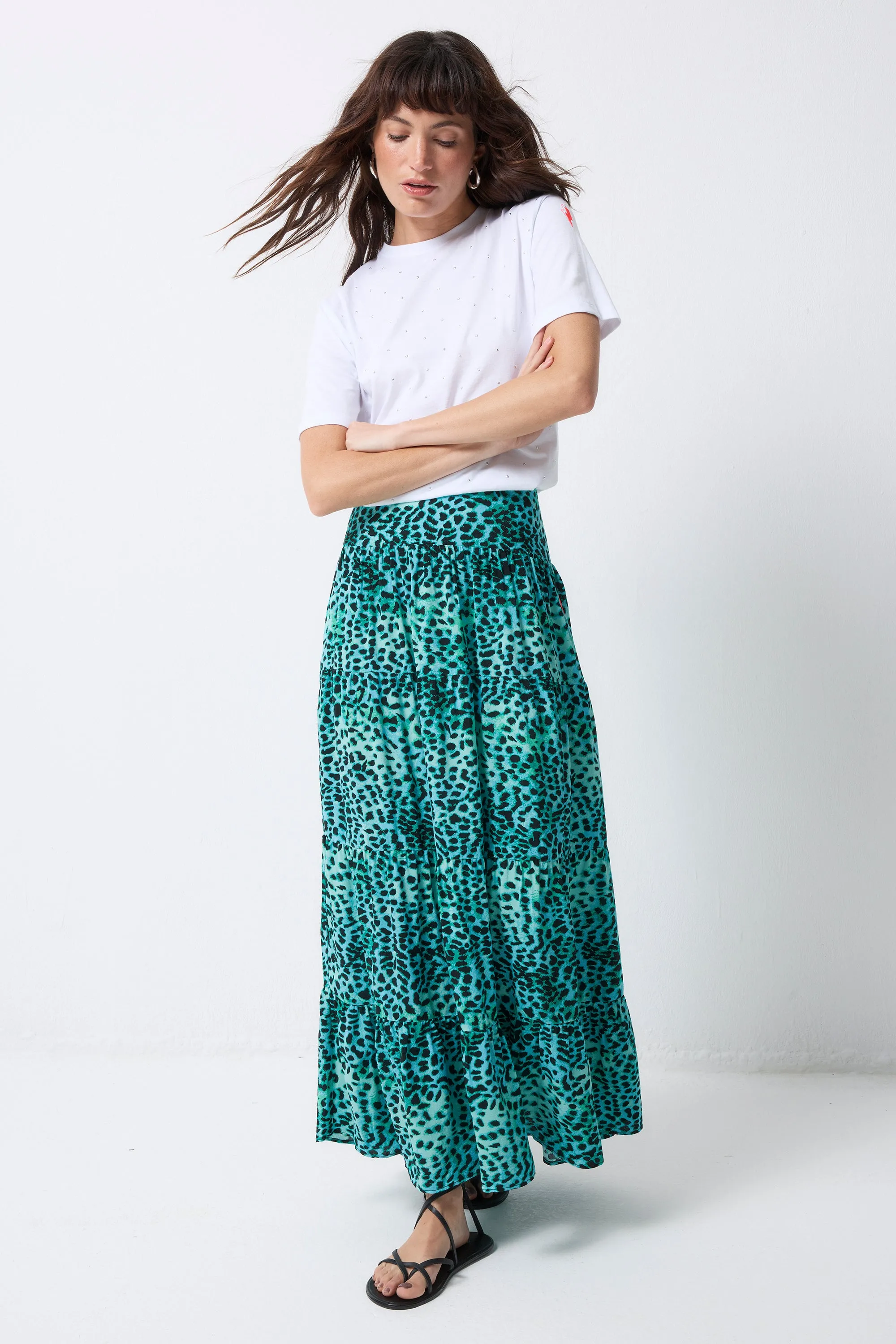 Eco Friendly Sharp Look Turquoise with Black Leopard Maxi Skirt