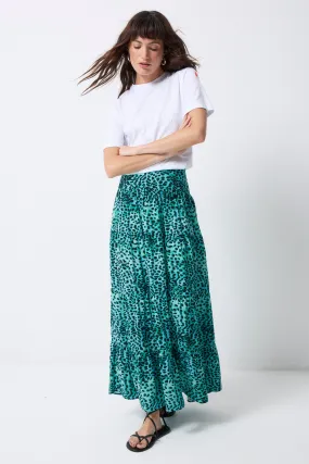 Eco Friendly Sharp Look Turquoise with Black Leopard Maxi Skirt