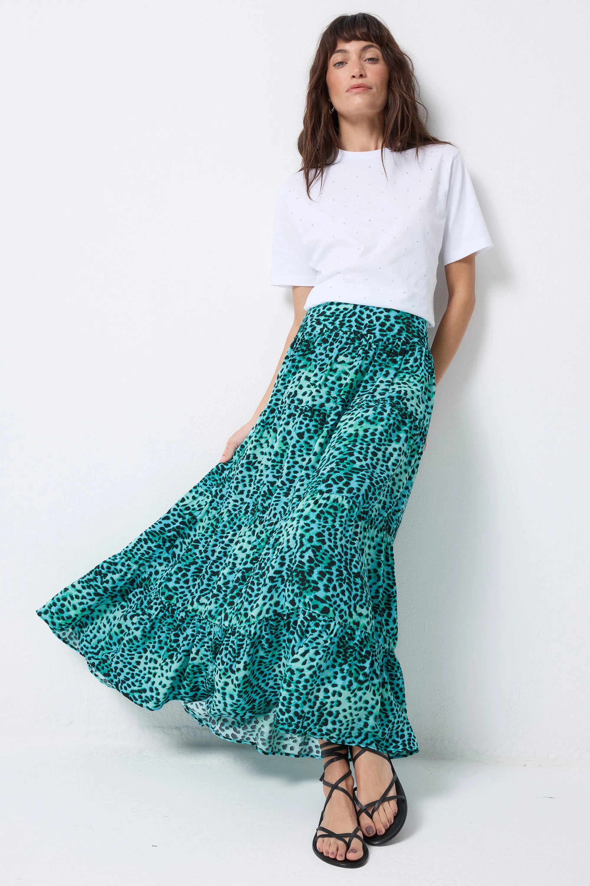 Turquoise with Black Leopard Maxi Skirt Embossed Detail