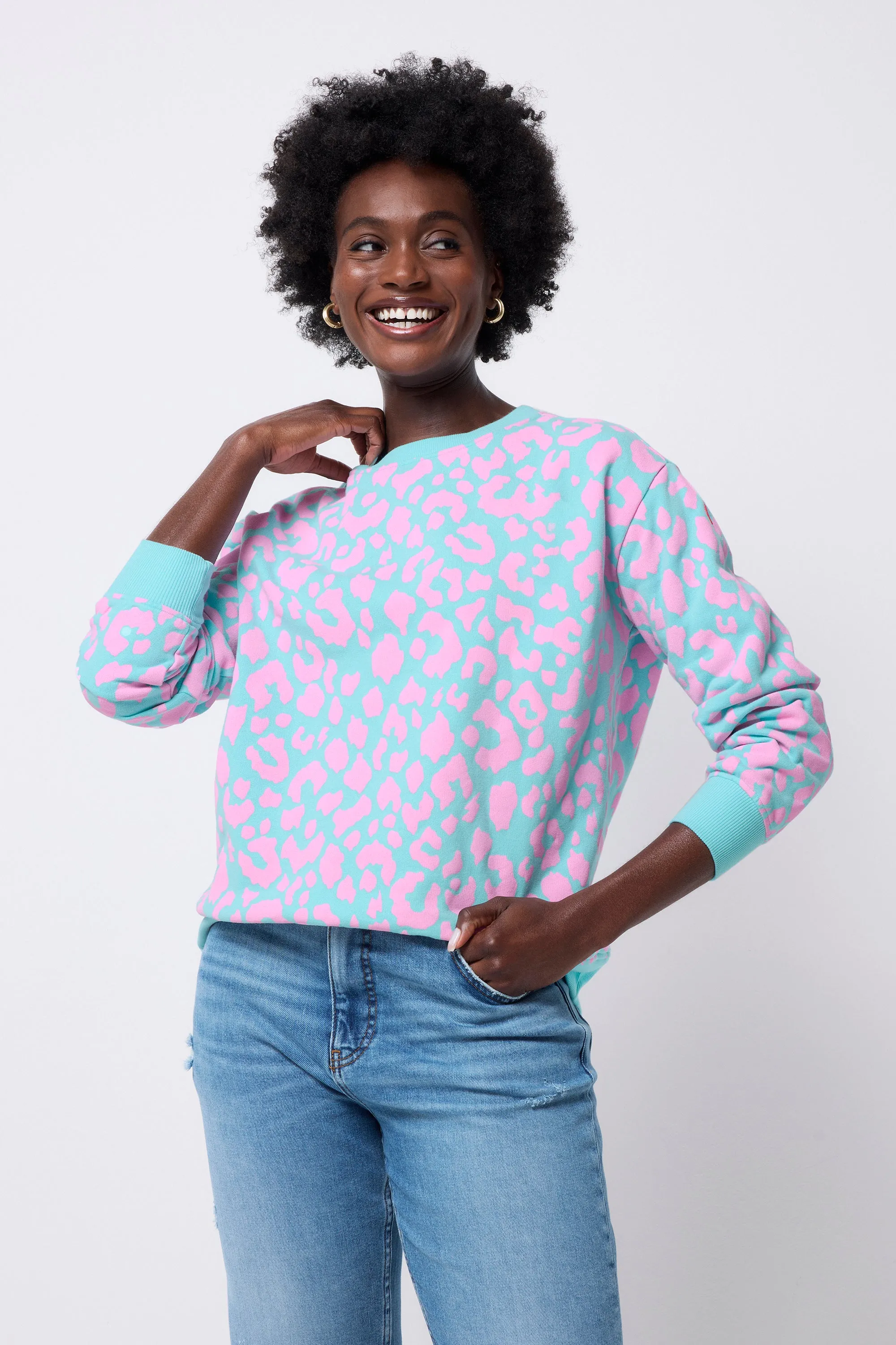 Plus Size product tropical vibrancy Turquoise with Pink Leopard Oversized Sweatshirt