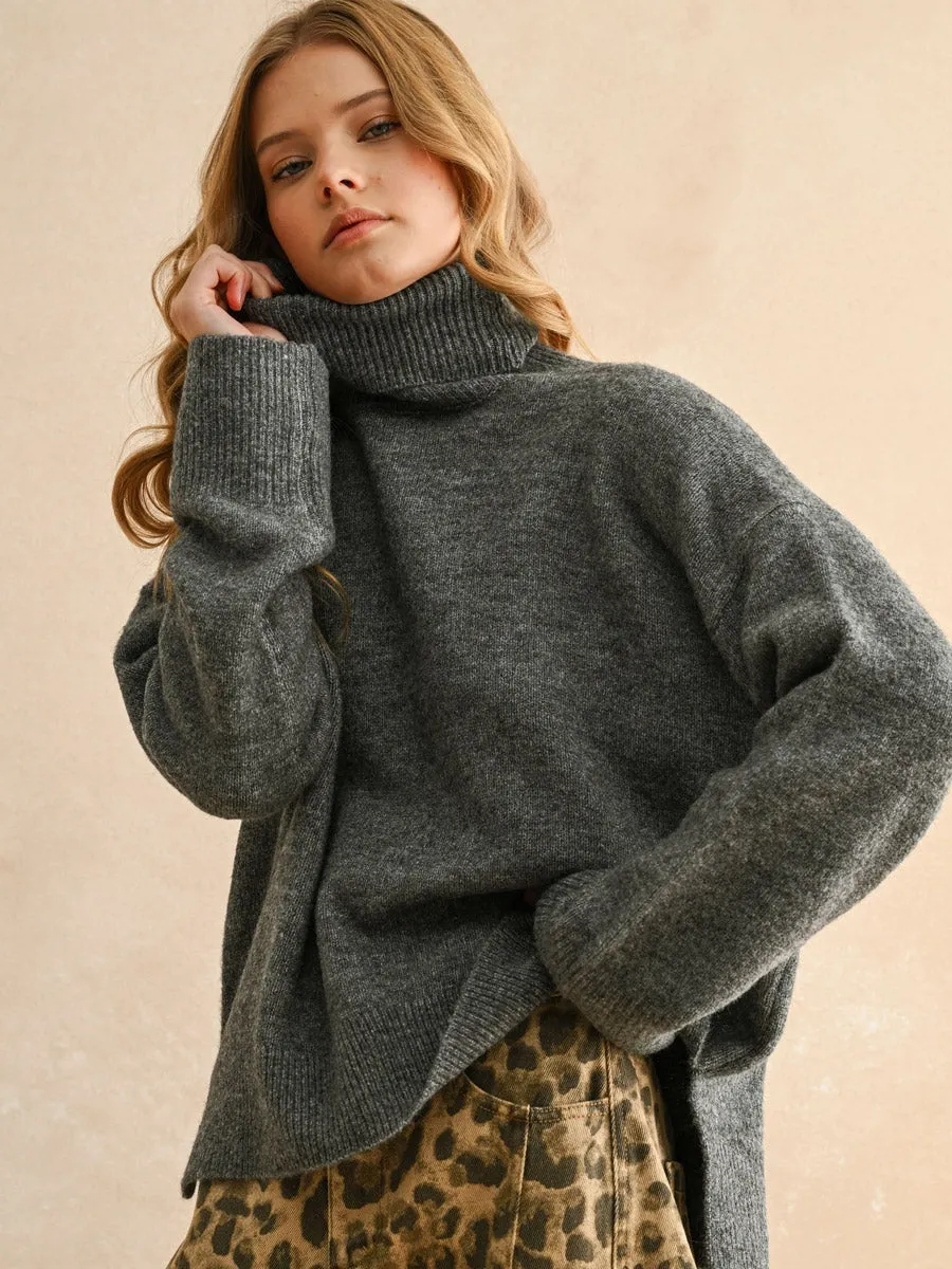 TURTLE NECK LONG SLEEVE SWEATER - CHARCOAL Odor Resistant Finish