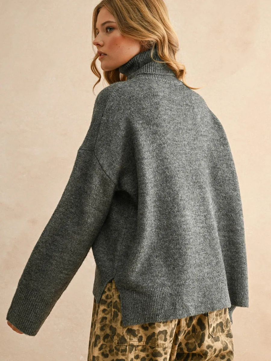 DurableReinforcement Organic Cotton Blend TURTLE NECK LONG SLEEVE SWEATER - CHARCOAL