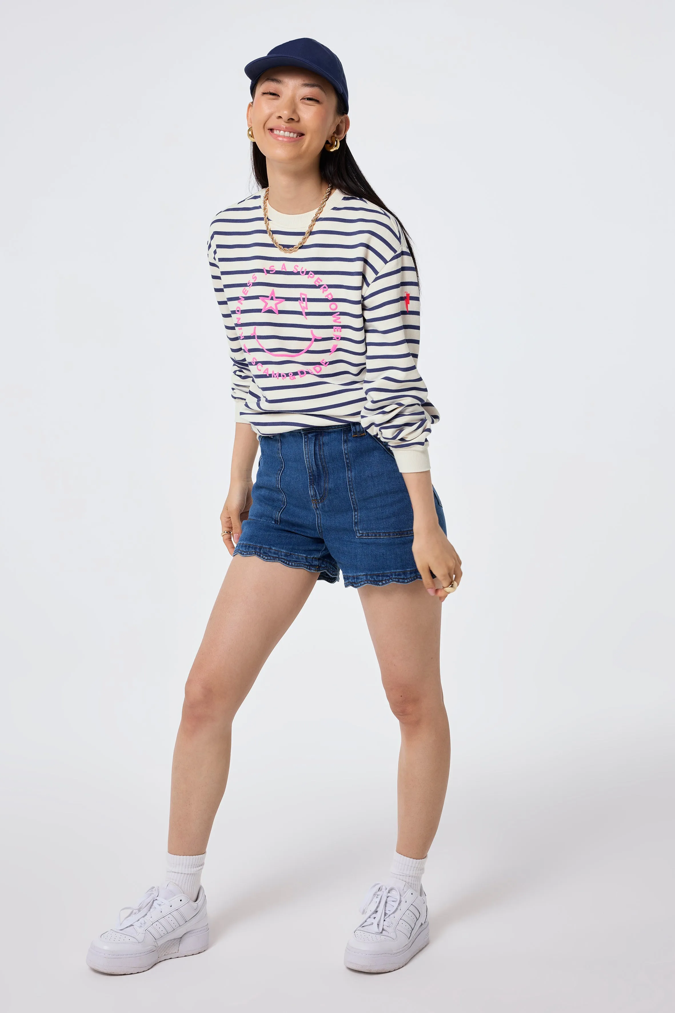 Comfy Feel Ivory with Blue Stripe and Smiley Face Oversized Sweatshirt