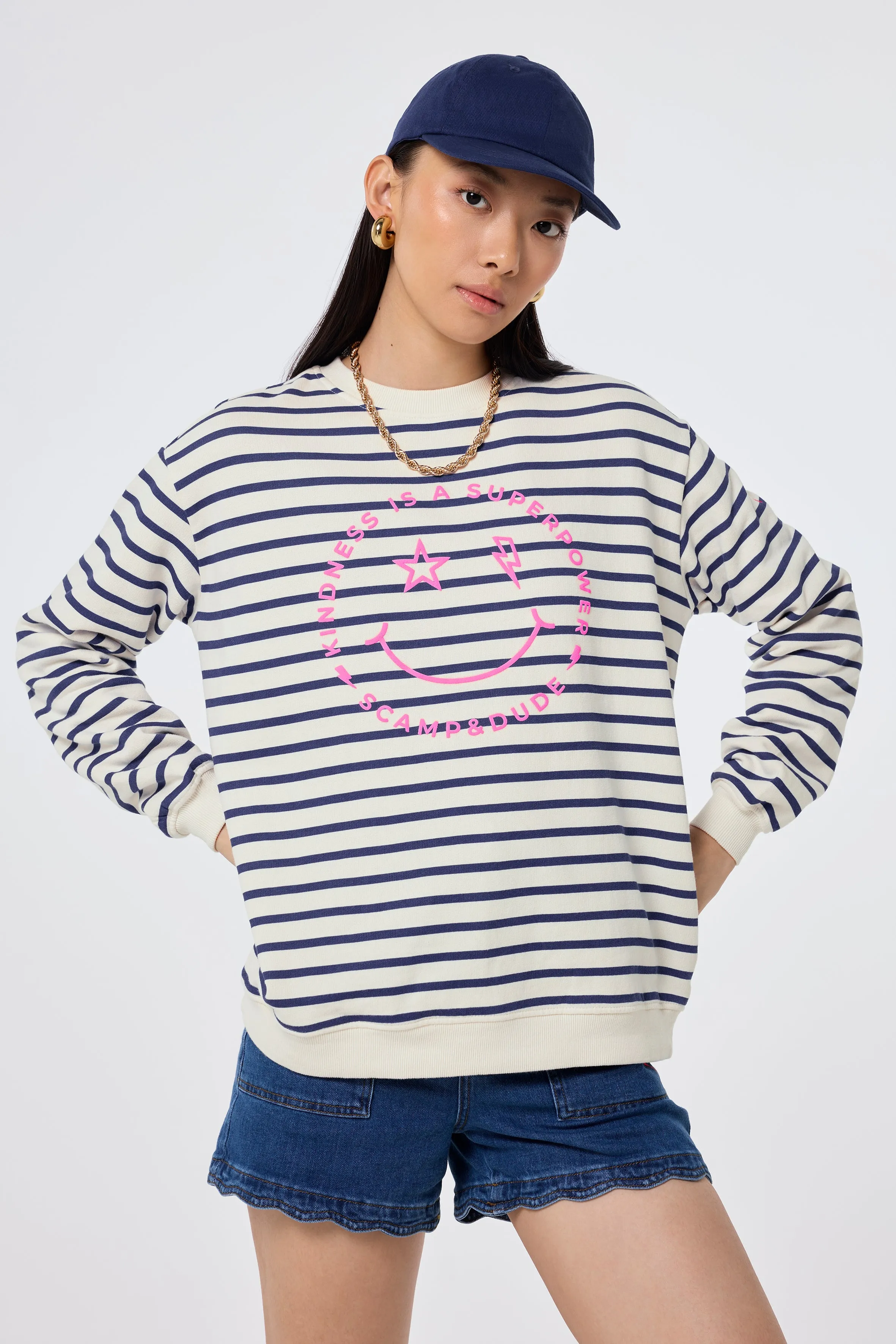Layering Piece Ivory with Blue Stripe and Smiley Face Oversized Sweatshirt