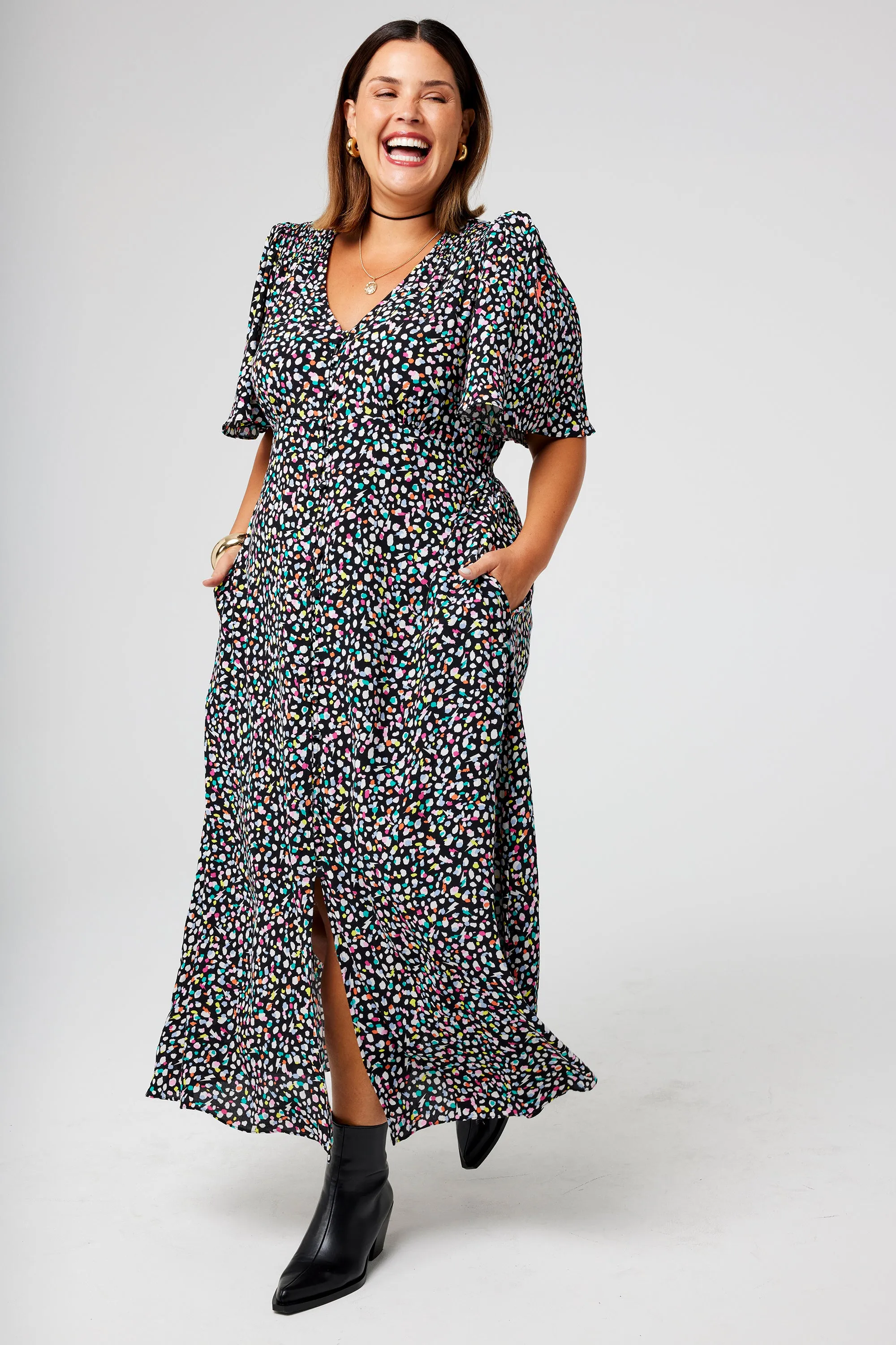 Practical-Style Black with Rainbow Confetti Angel Sleeve Midi Tea Dress