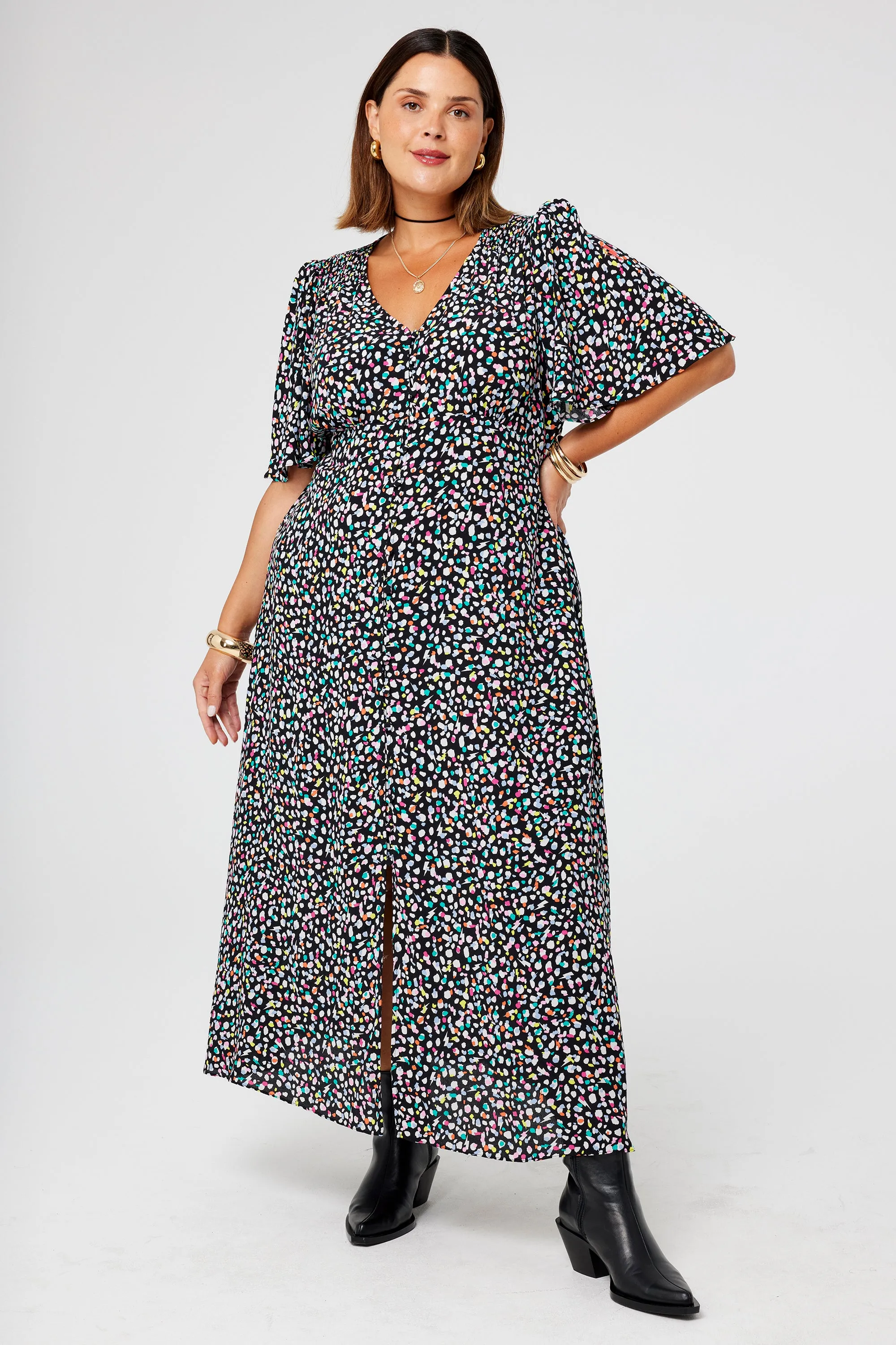 Black with Rainbow Confetti Angel Sleeve Midi Tea Dress Sculpted Fit