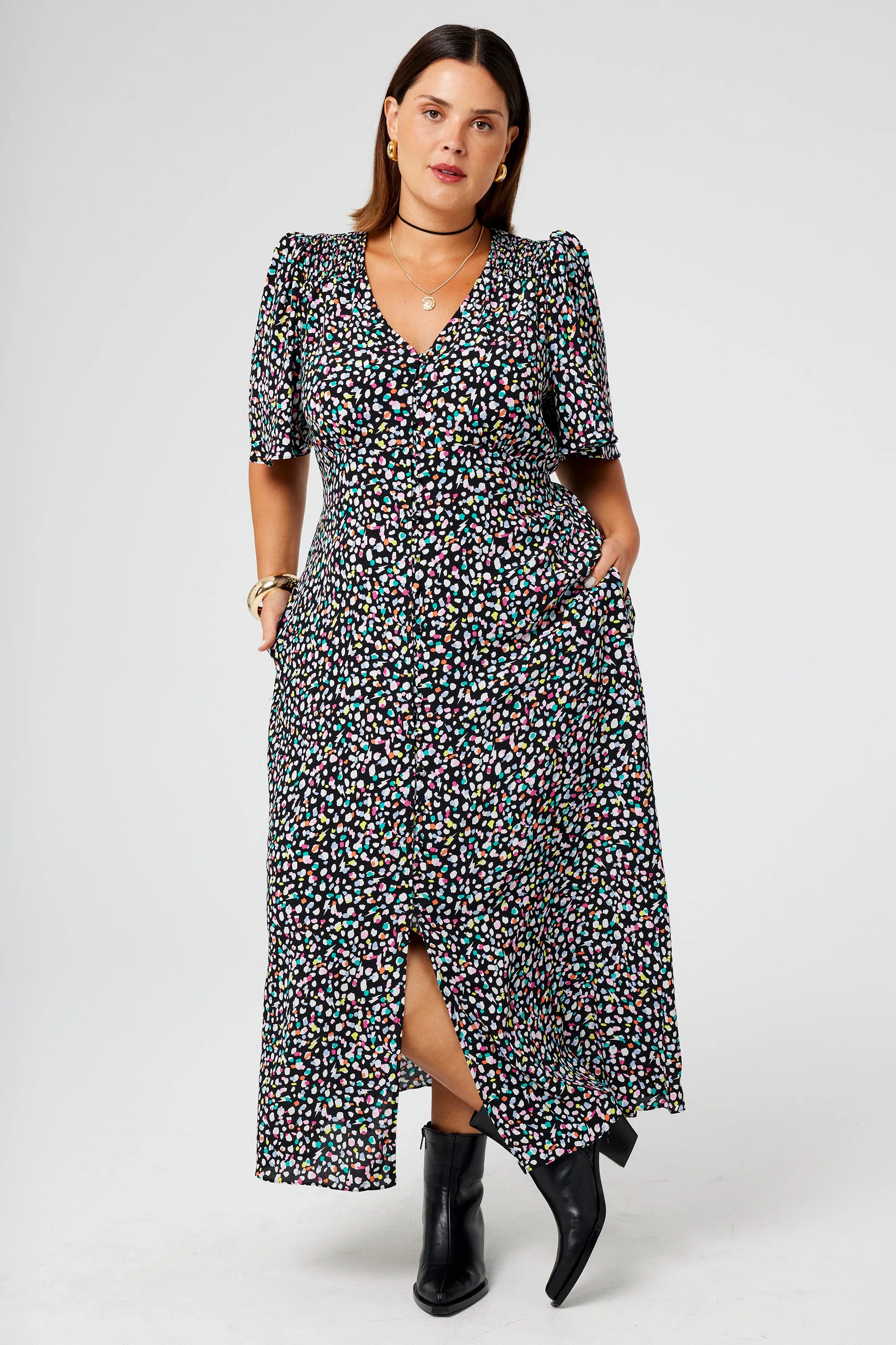 Elegant formal outfit Black with Rainbow Confetti Angel Sleeve Midi Tea Dress
