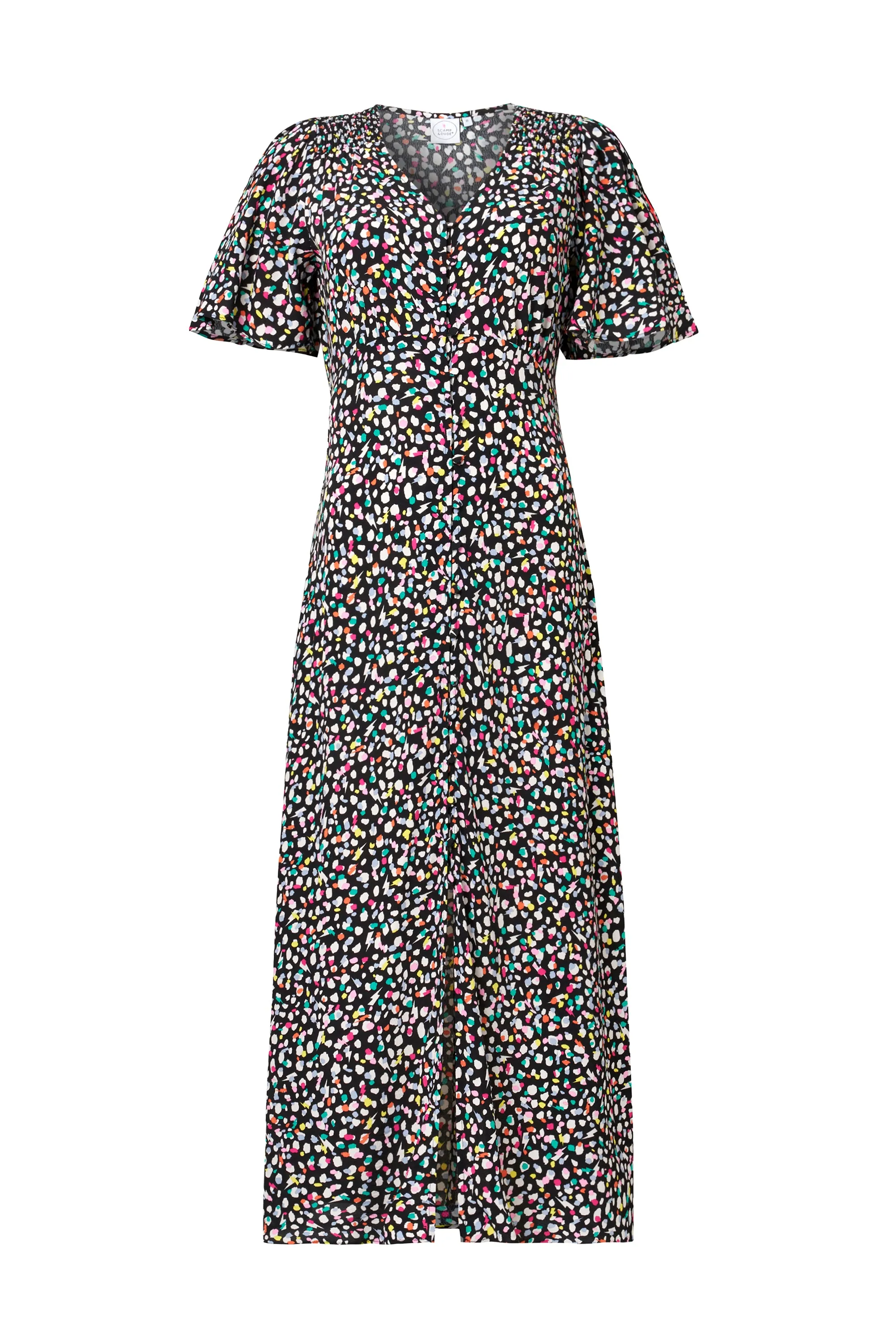 Black with Rainbow Confetti Angel Sleeve Midi Tea Dress Vibrant Light Sharp Mood
