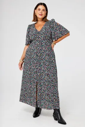 Black with Rainbow Confetti Angel Sleeve Midi Tea Dress Sculpted Fit