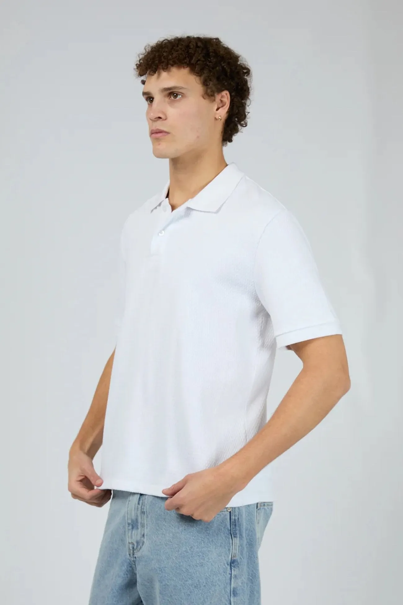 Weighted Hem Design RelaxedNeckline Waffle Polo White