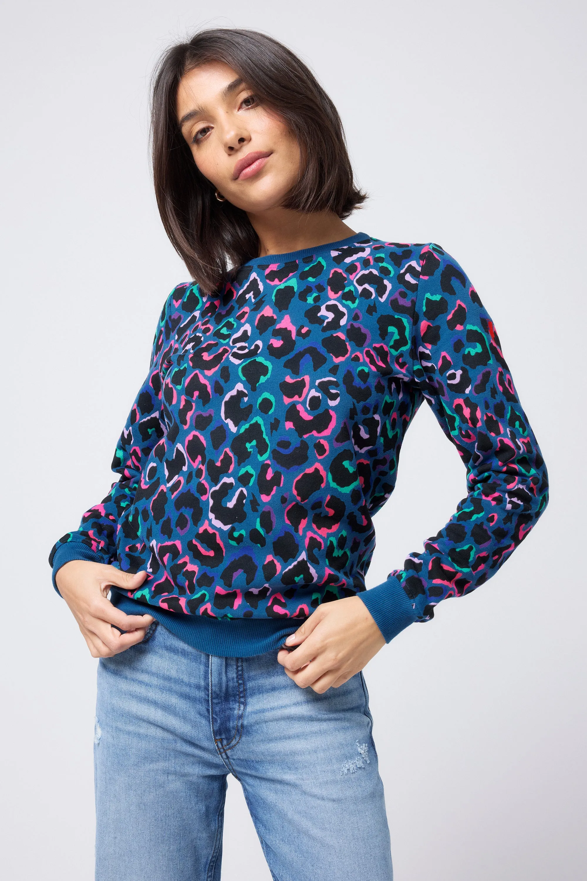 Teal with Rainbow Shadow Leopard Classic Sweatshirt school wear Home friendly