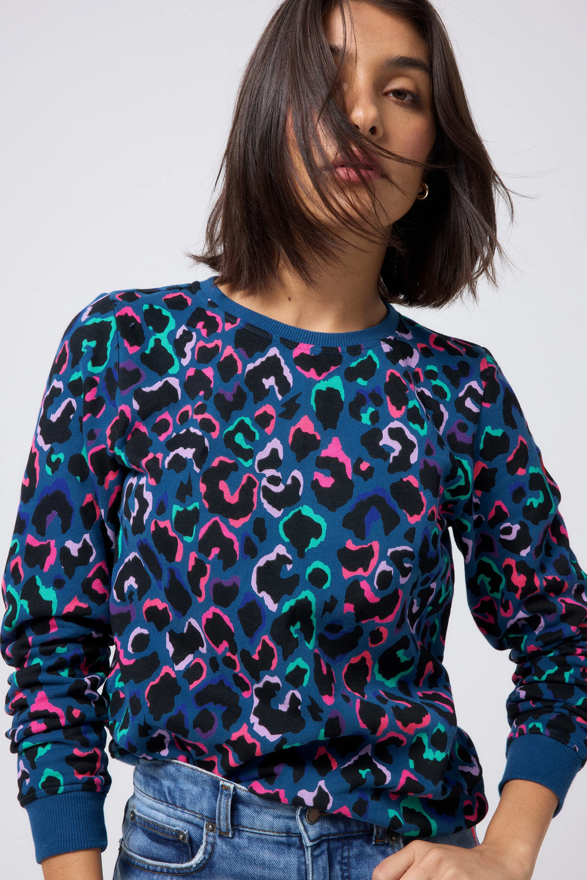 Teal with Rainbow Shadow Leopard Classic Sweatshirt Comfortable