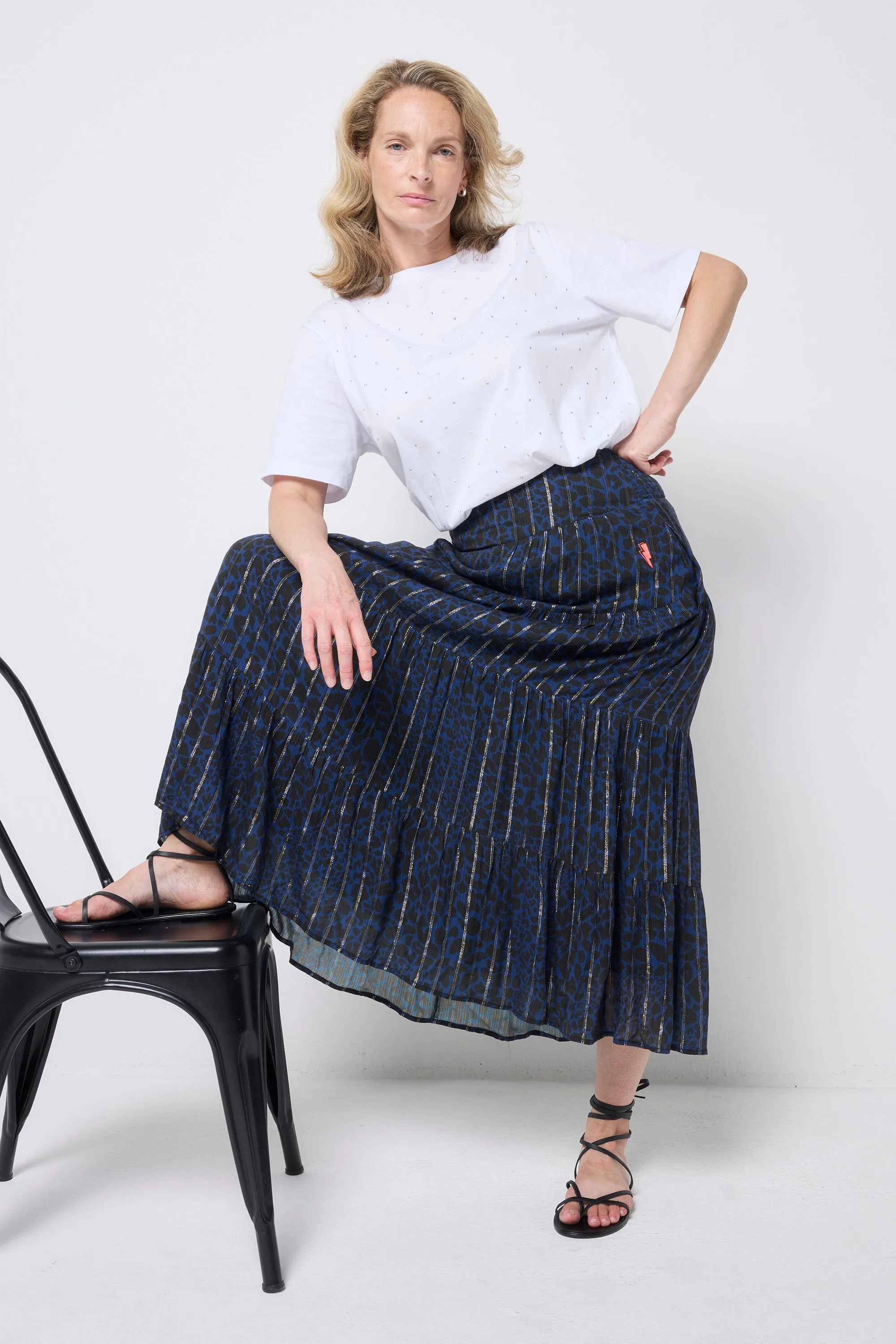 Vegan Material Navy with Black Rock and Roll Leopard Lurex Maxi Skirt