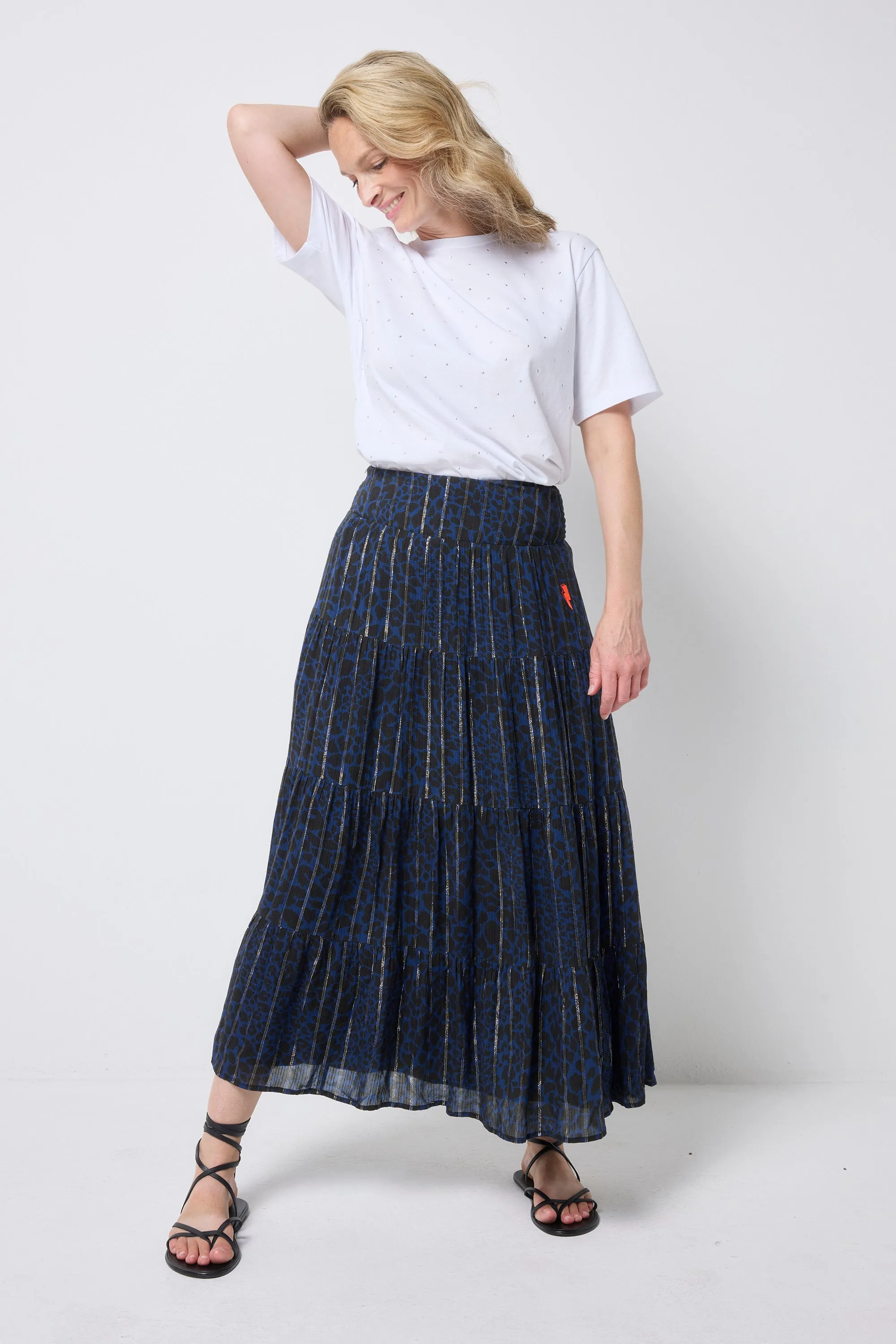 Navy with Black Rock and Roll Leopard Lurex Maxi Skirt Front Slit