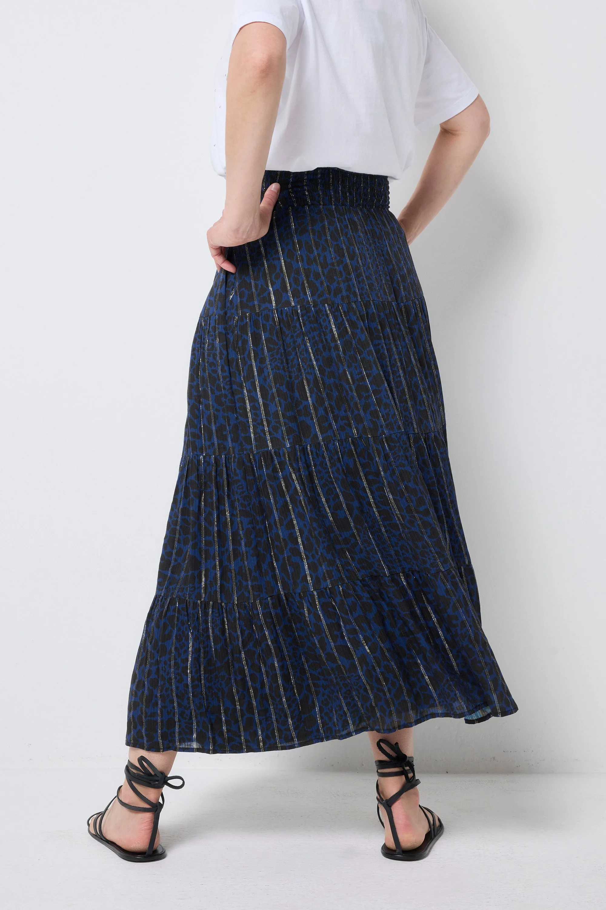 Navy with Black Rock and Roll Leopard Lurex Maxi Skirt Non see through