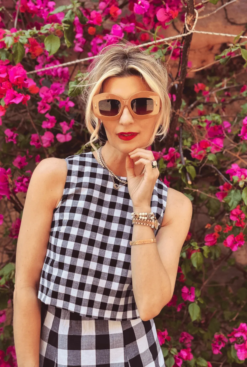 Ribbed Trims MultiFunctional Pocket Placement Audrey Top - Black & White Gingham