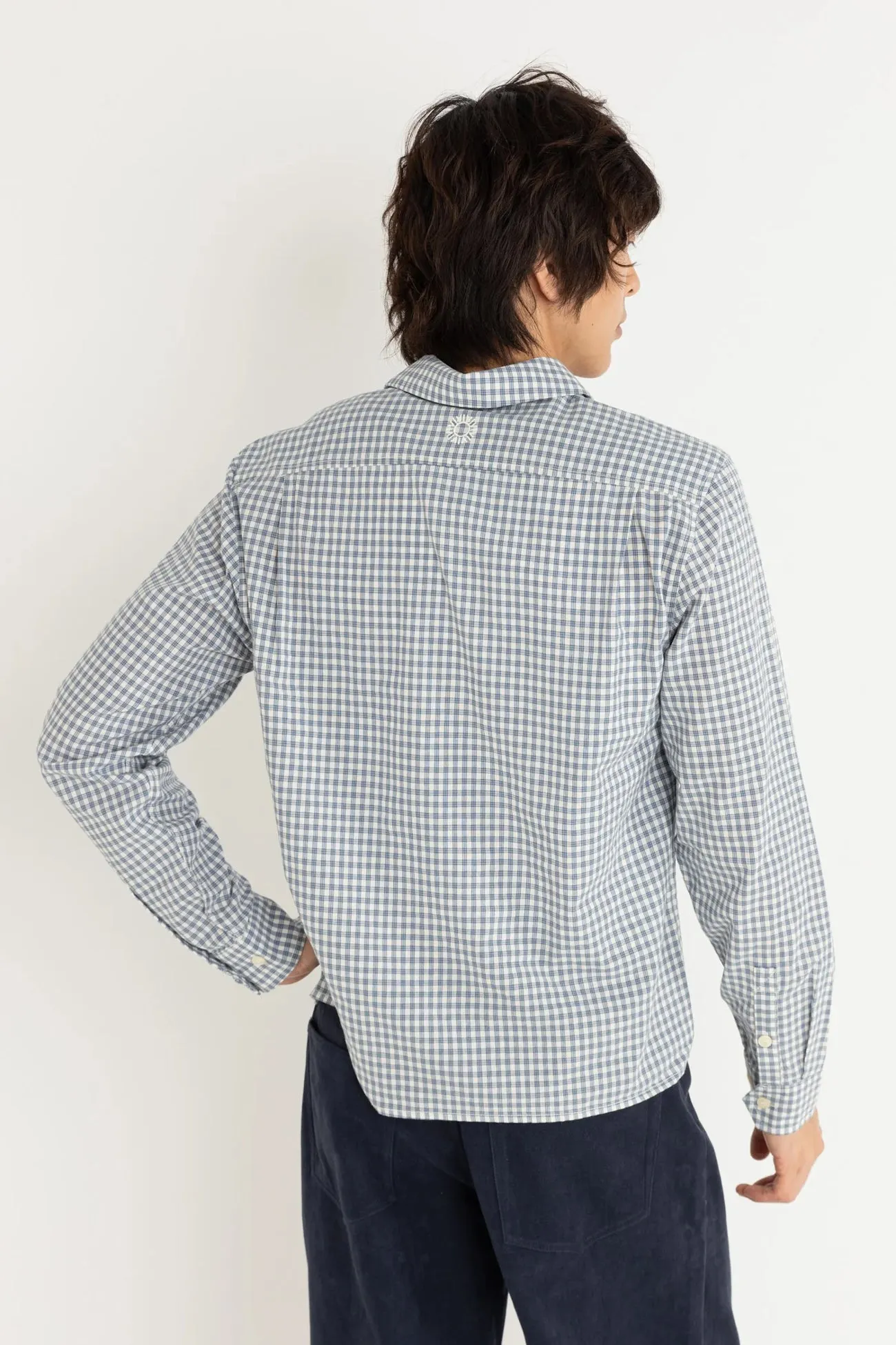 Azul Check Long Sleeve Shirt Blue Airy Mesh Lining Double Needle Stitching