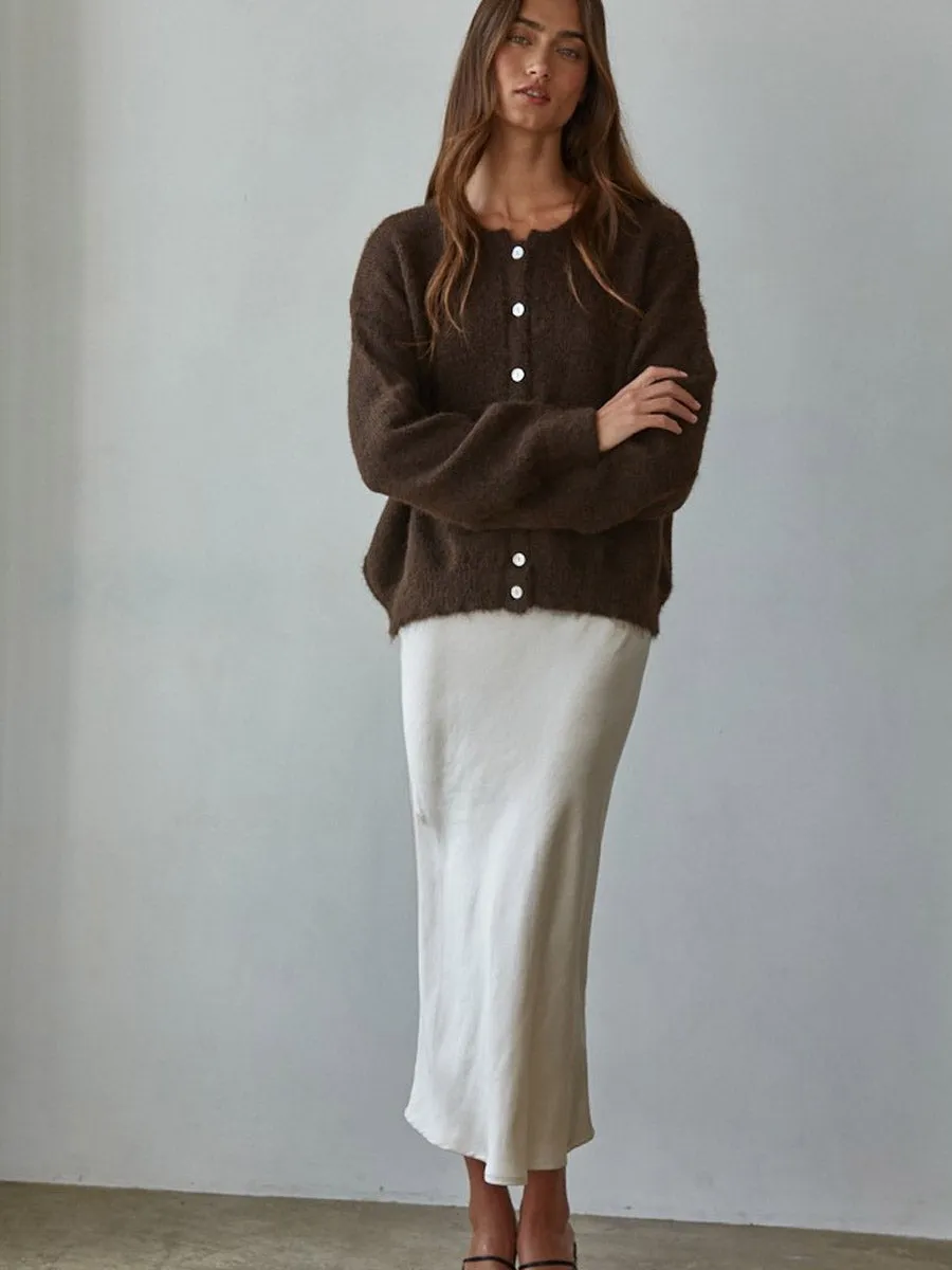 KNIT CREW NECK CARDIGAN - DARK CHOCOLATE Non Restrictive Cut HypoallergenicConstruction
