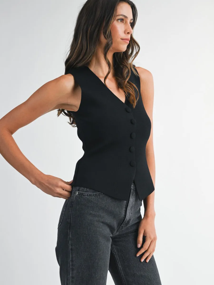 Brushed Inner Layer V-NECK KNIT VEST - BLACK