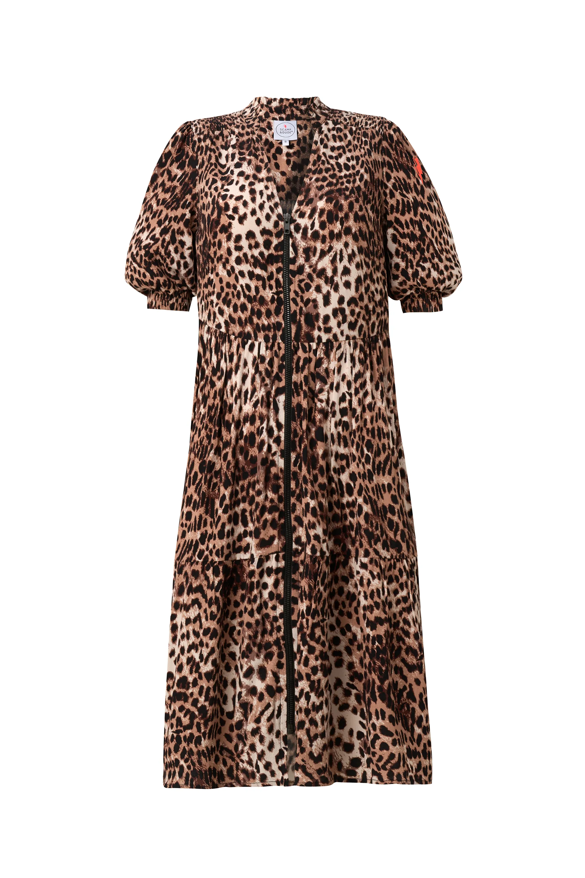 Comfortable Wear Neutral with Black Cheetah Zip Detail Tiered Short Dress