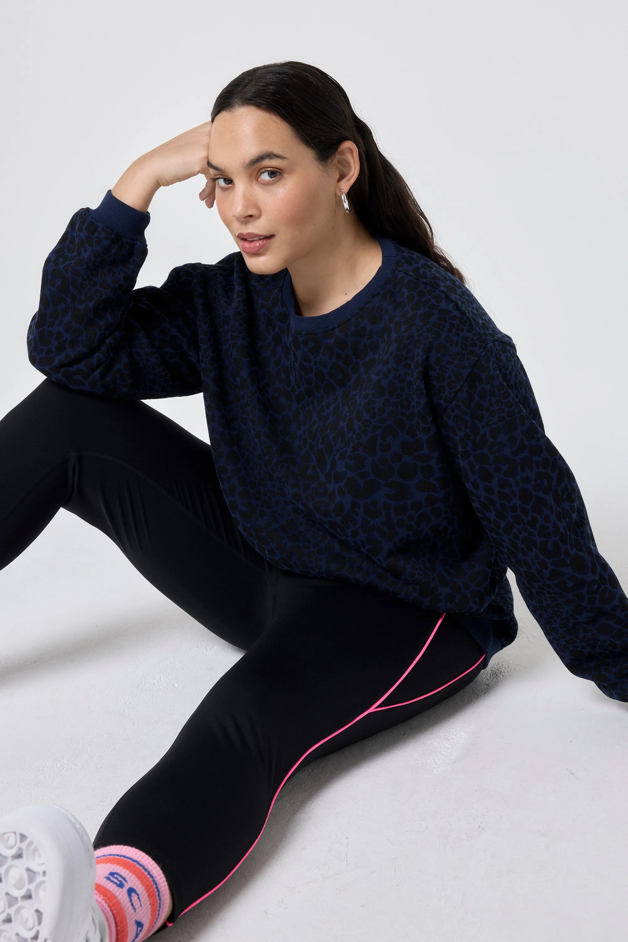product sporty style statement Navy with Black Rock and Roll Leopard Oversized Sweatshirt