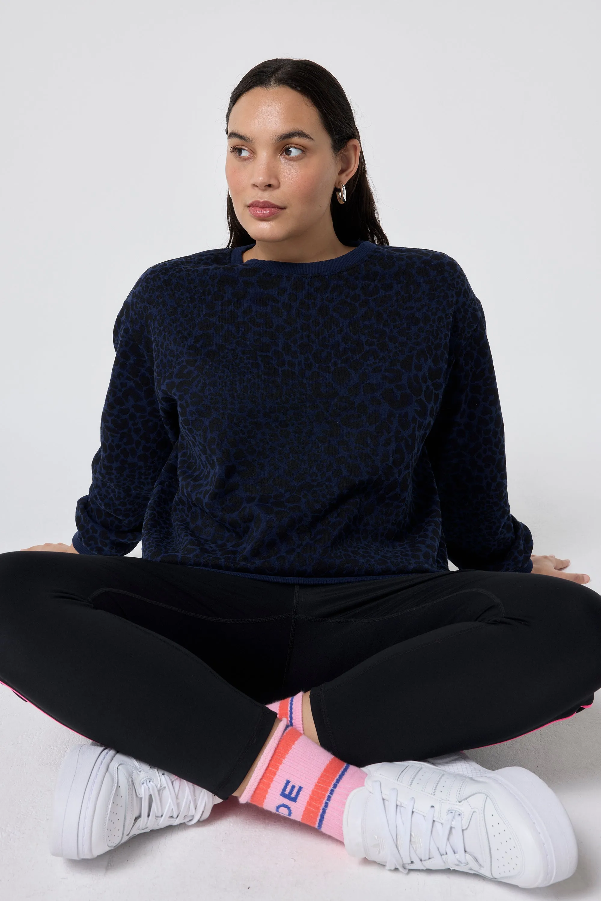 Navy with Black Rock and Roll Leopard Oversized Sweatshirt product graffiti urbanity Casual Fashion