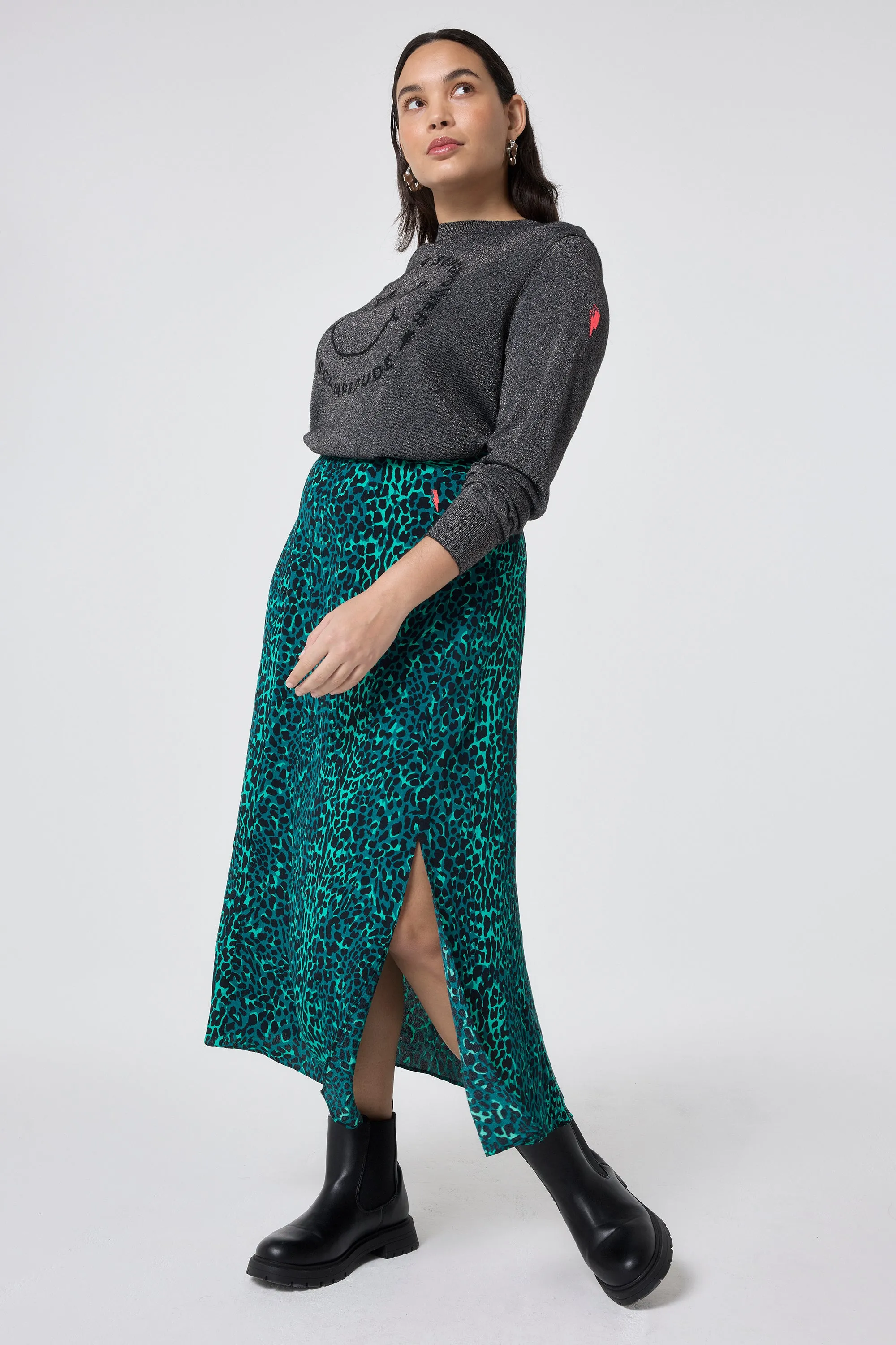 Green with Black Wild Leopard Side Split Skirt Sharp Look All Day Comfort