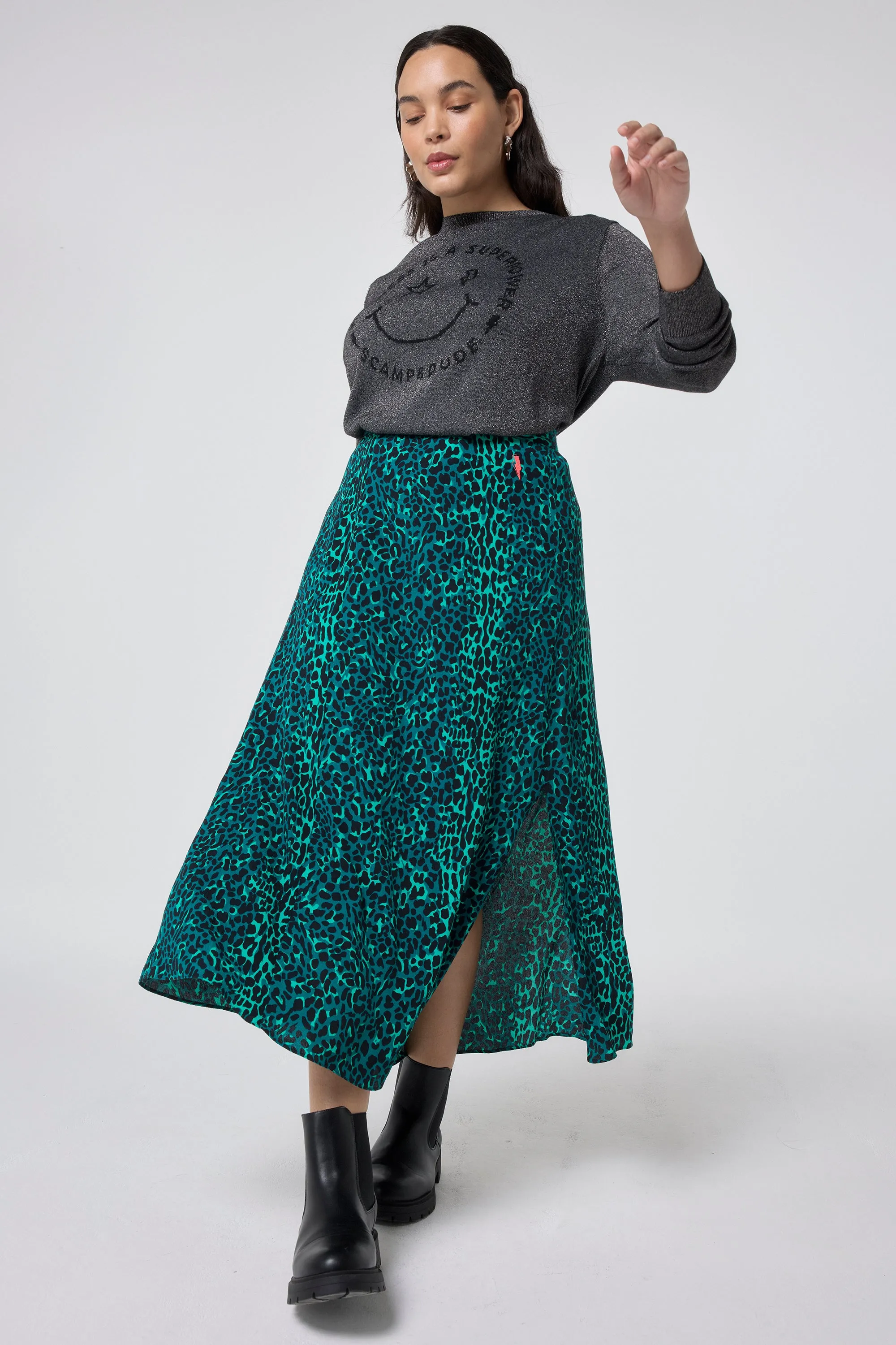 Green with Black Wild Leopard Side Split Skirt High Shine