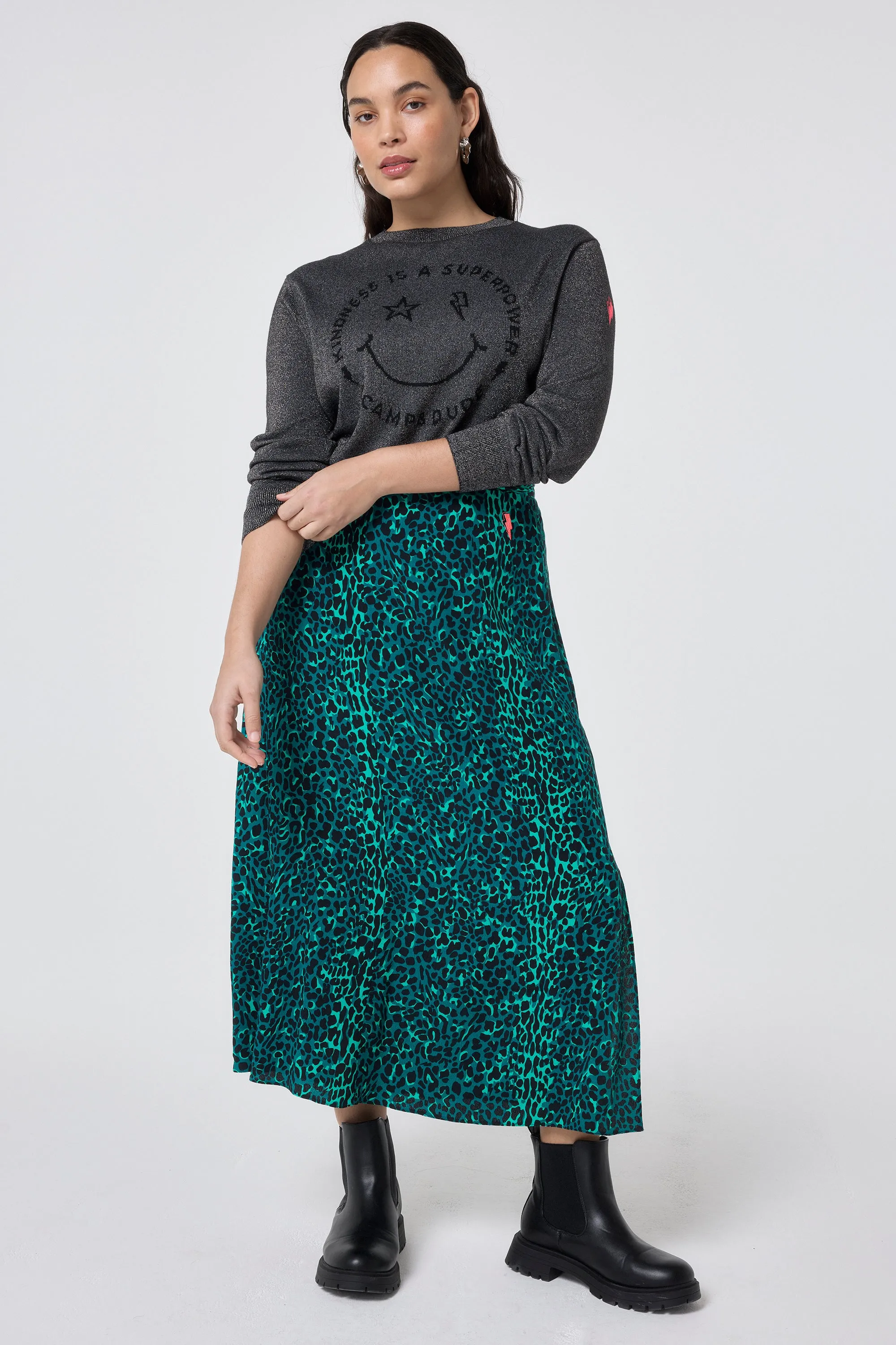Lightweight Green with Black Wild Leopard Side Split Skirt