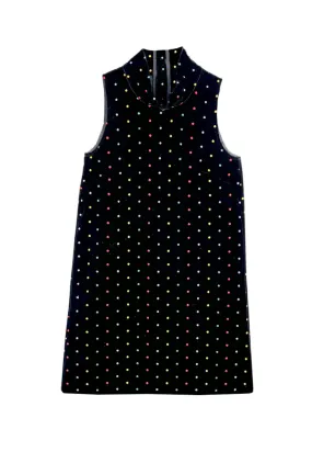 Tonal-Stitching Feminine Line MINI Mod Dress - Embroidered Dot Black Velvet