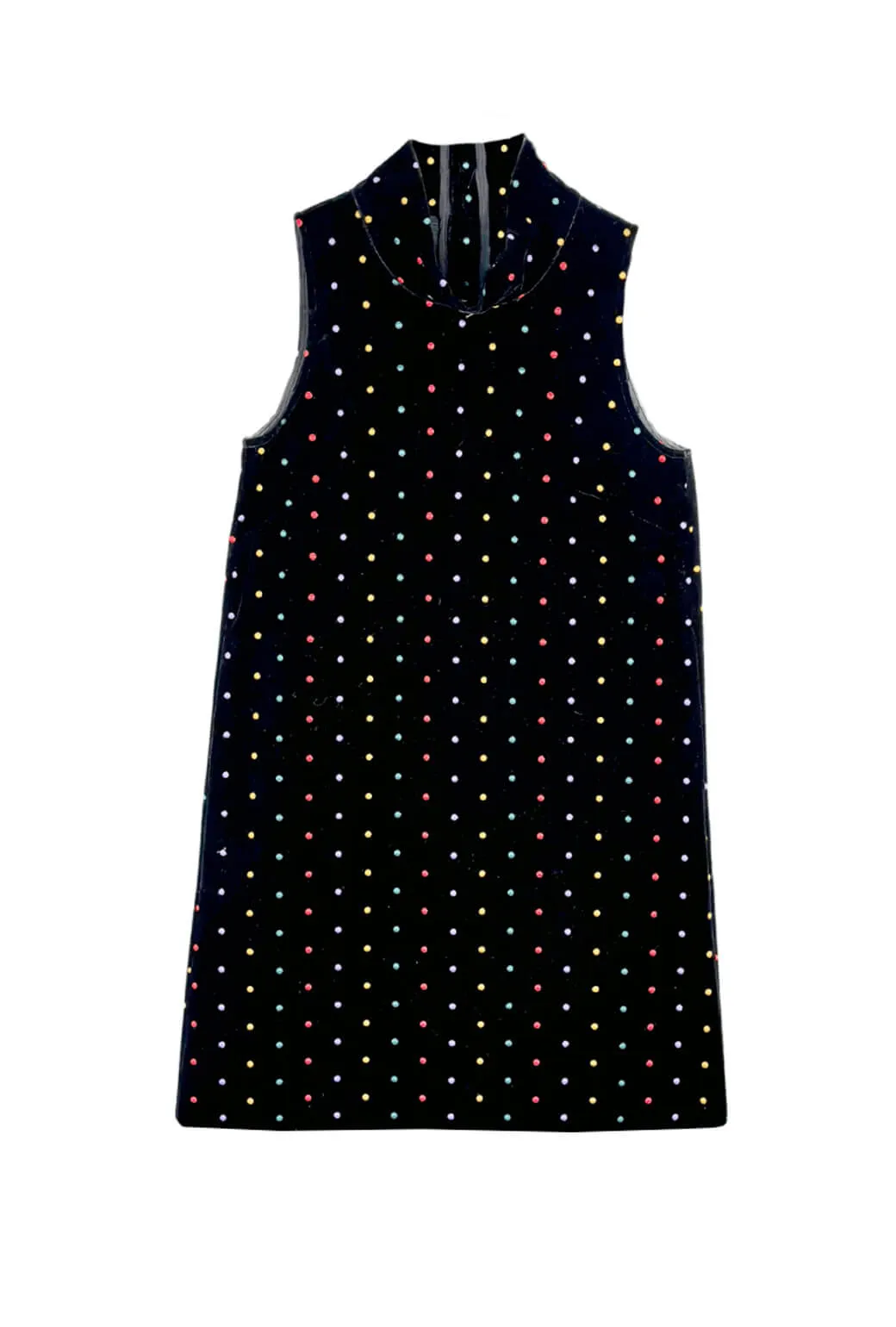 Tonal-Stitching Feminine Line MINI Mod Dress - Embroidered Dot Black Velvet