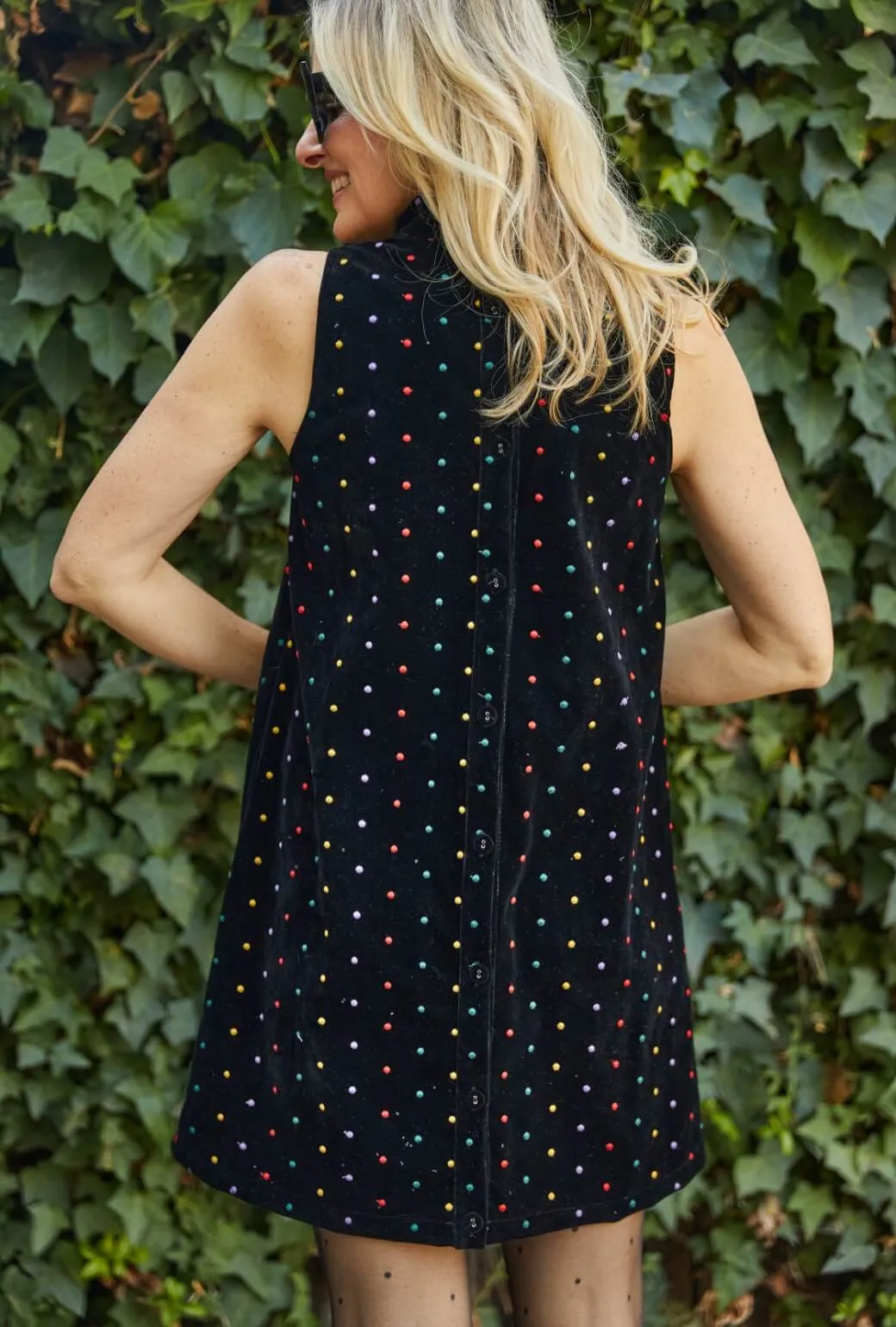 MINI Mod Dress - Embroidered Dot Black Velvet Comfy Fit Wedding Style