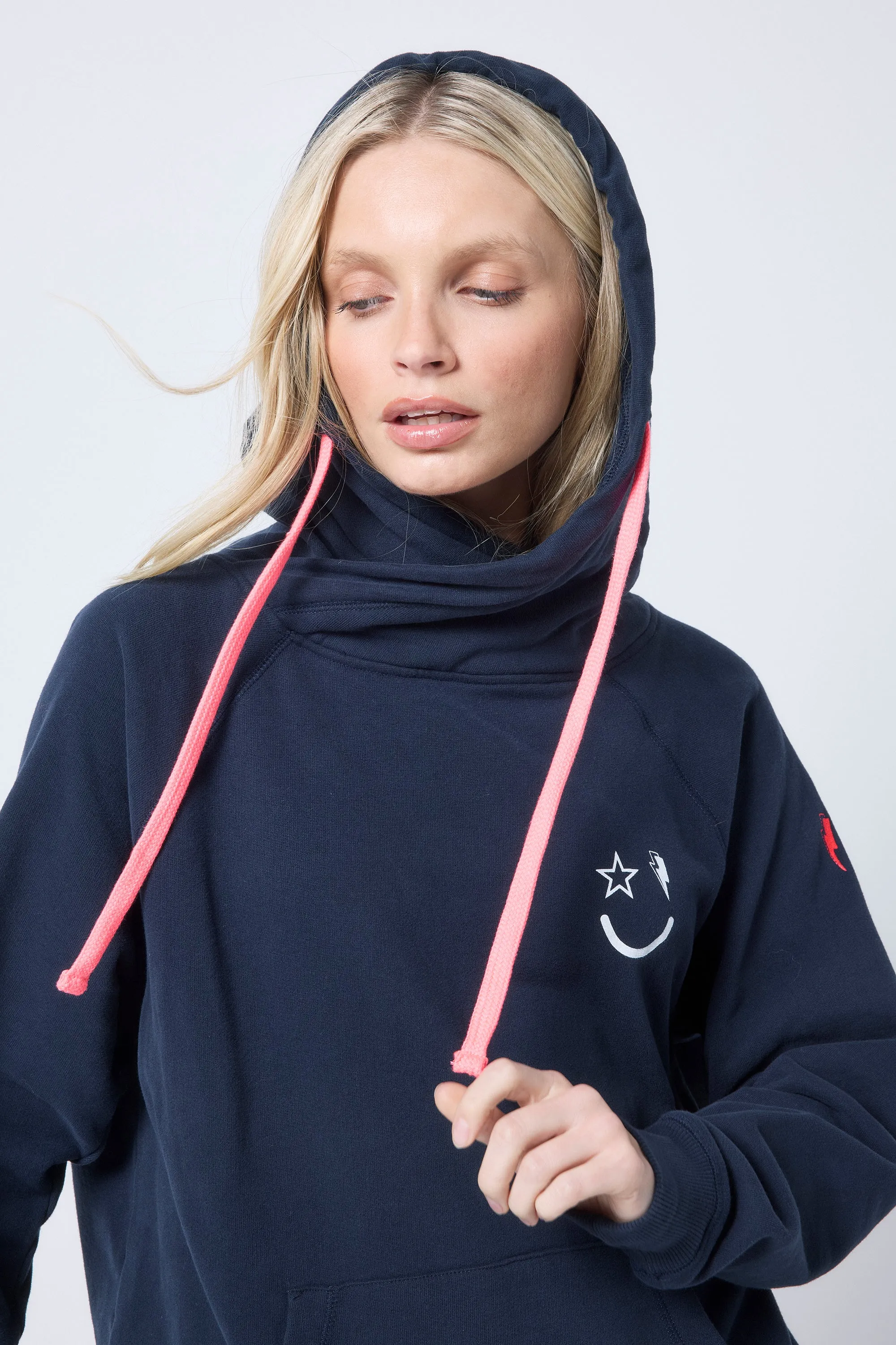 silk blend Navy Cowl Neck Hoodie