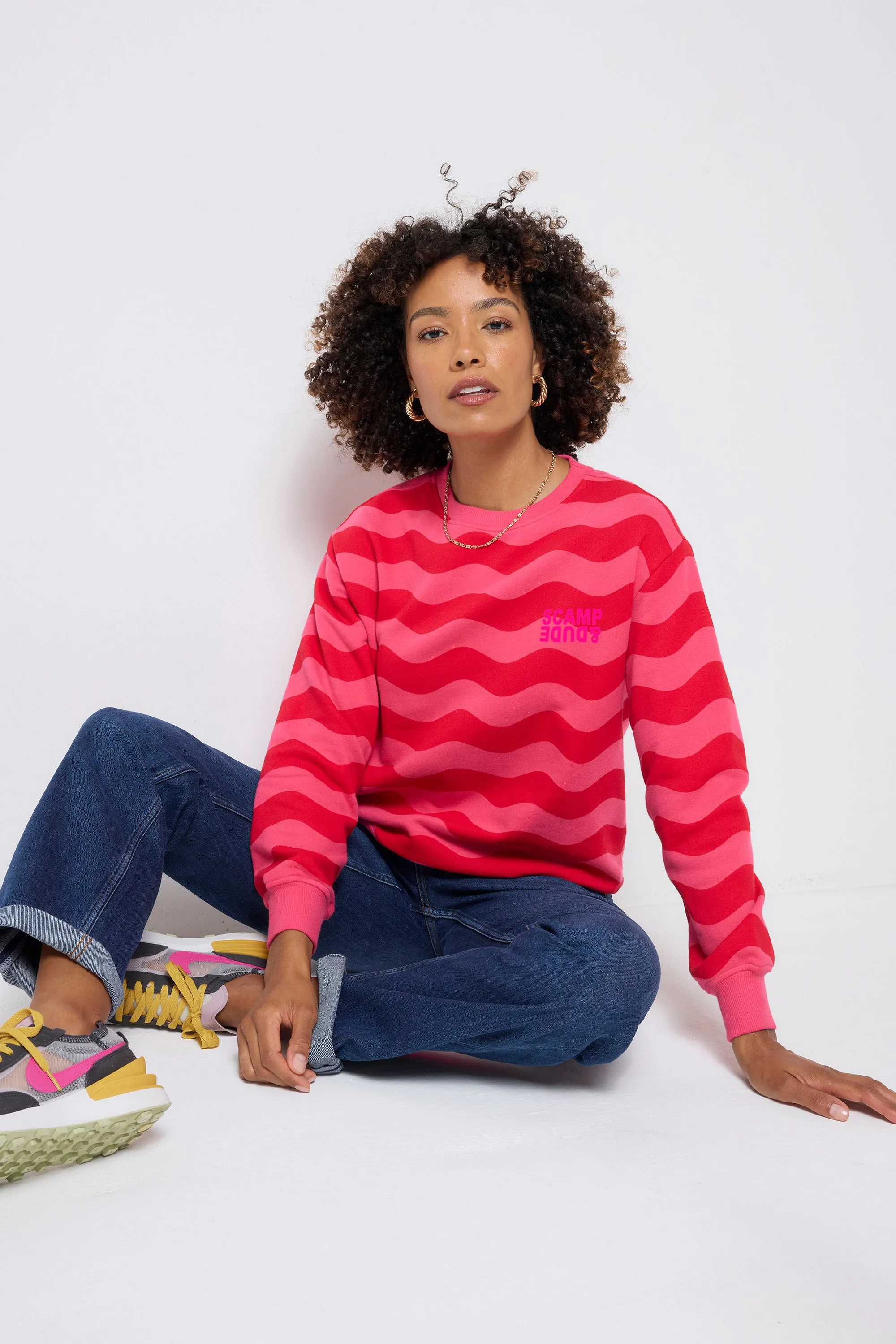 Red and Pink Wave Stripe Oversized Sweatshirt Polka Dot Modern Active