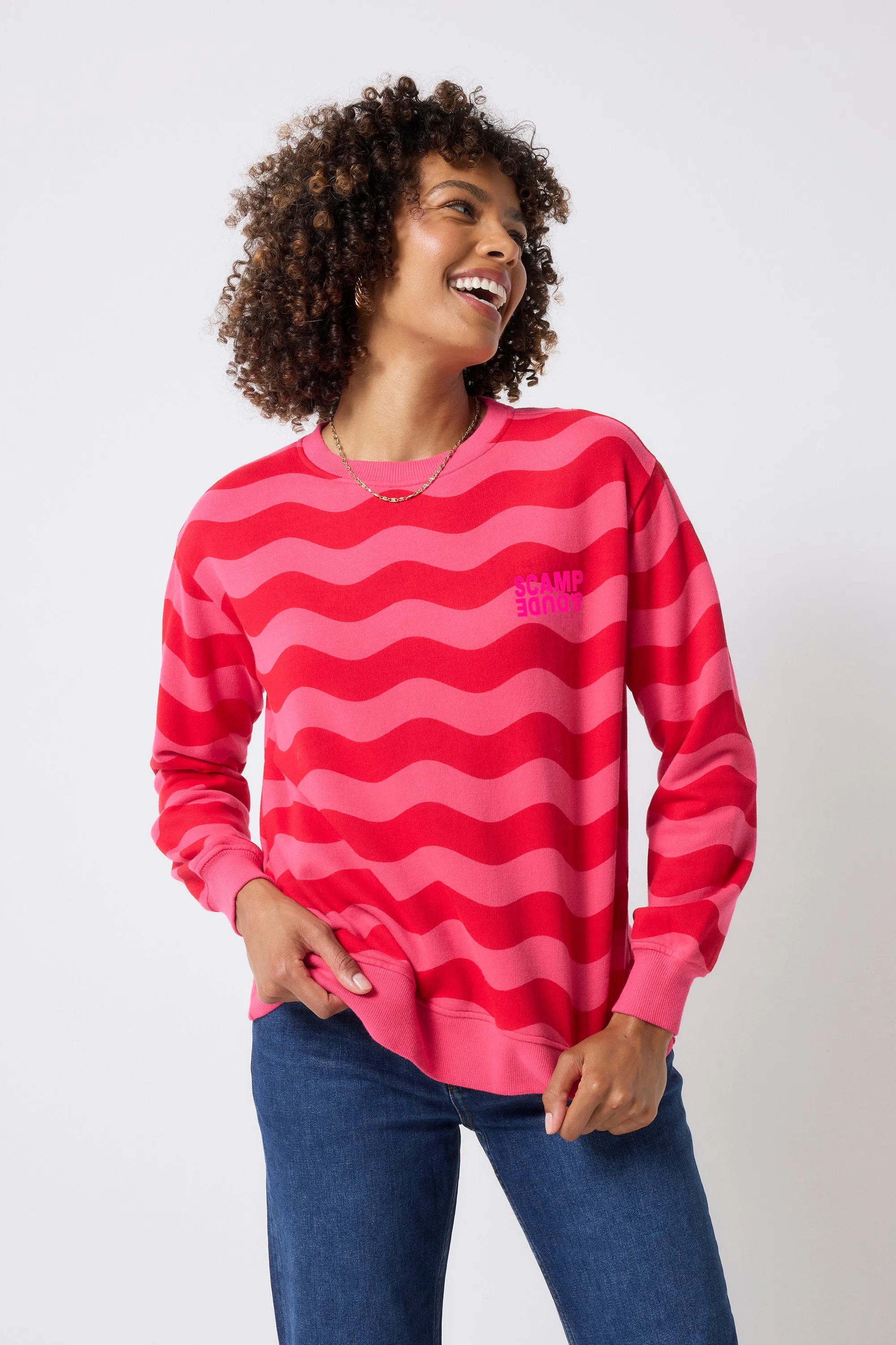 Red and Pink Wave Stripe Oversized Sweatshirt Daily Fit