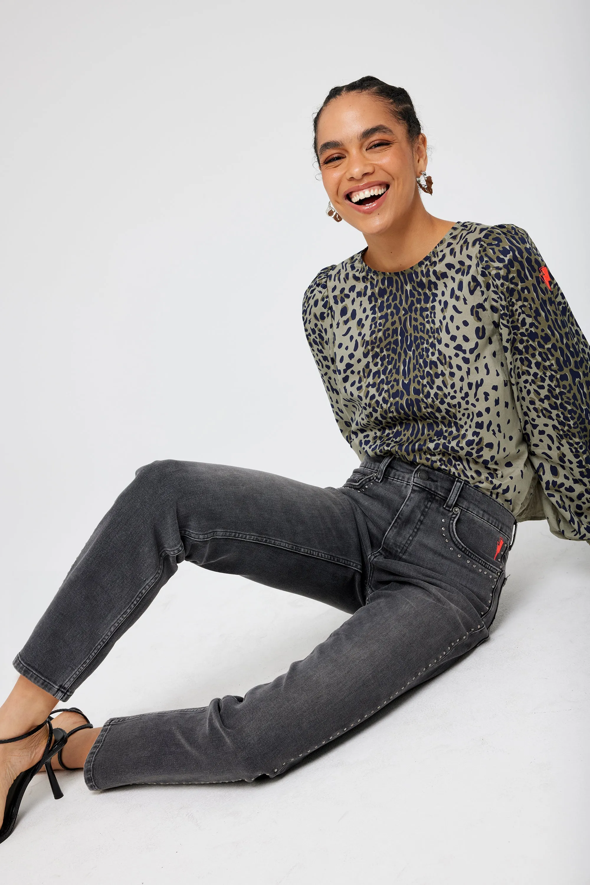 Washed Black Studded Boyfriend Jeans Stretch Panels