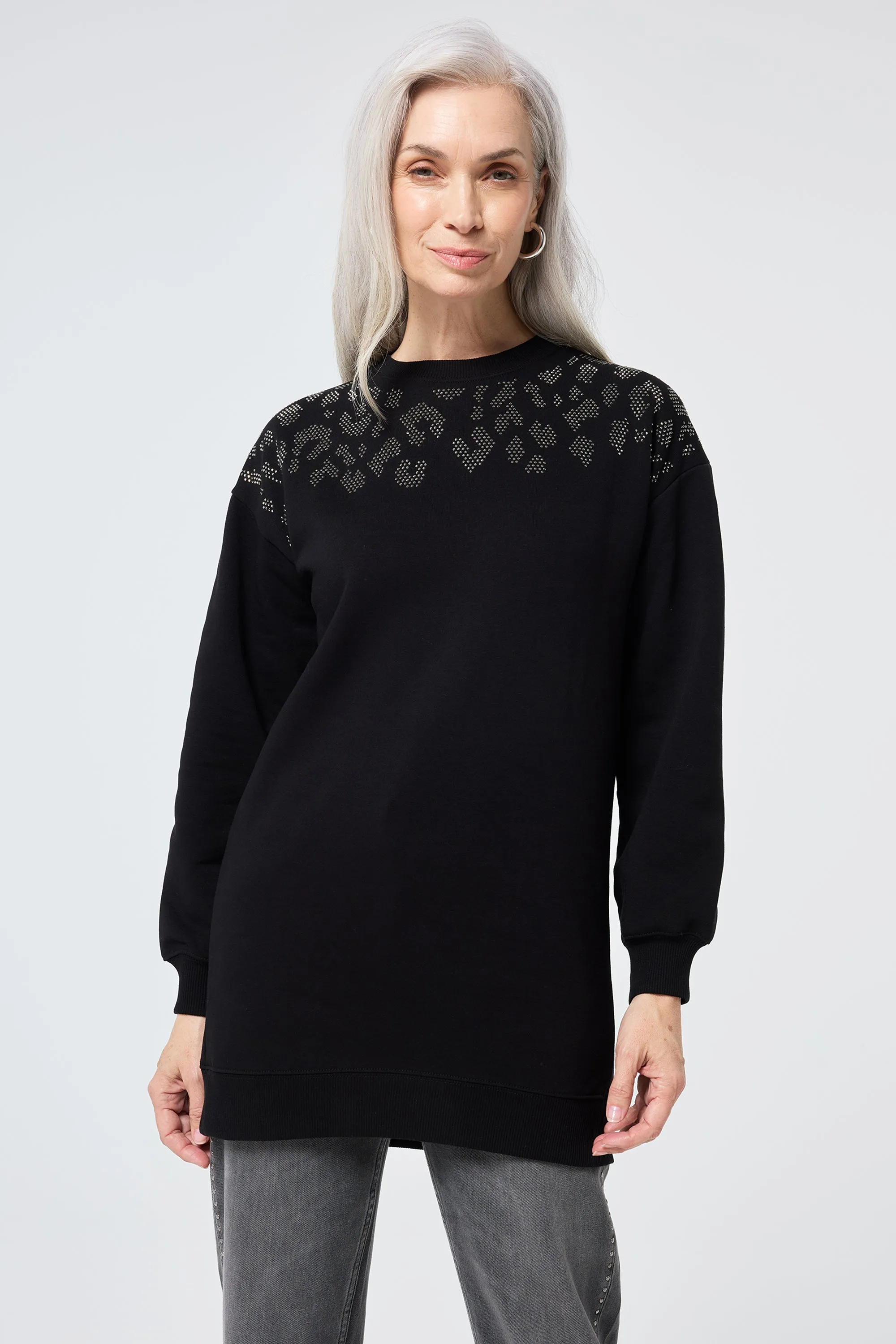 Black with Silver Studded Leopard Oversized Tunic Fresh Look Urban Hoodie