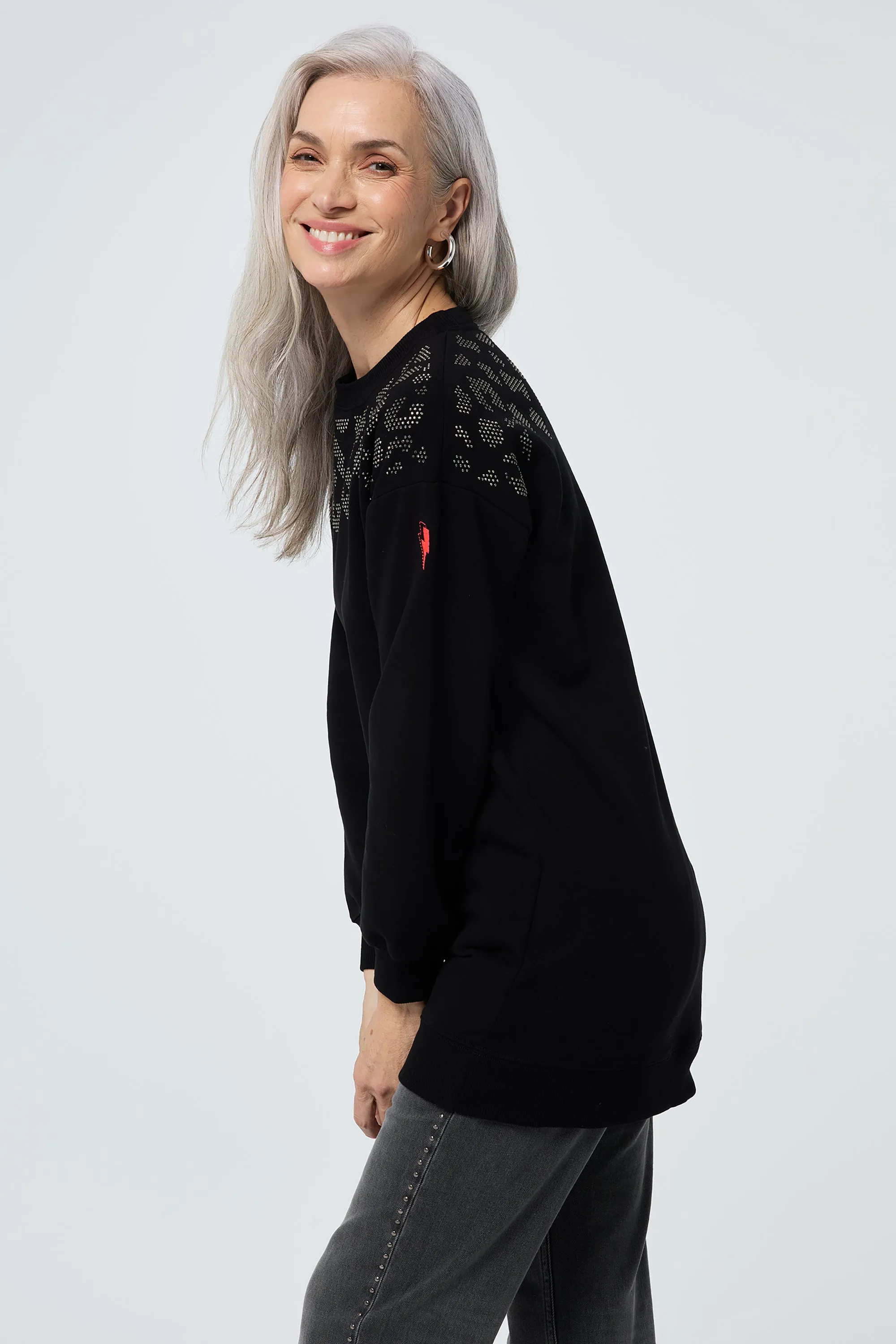 Easy to store Collared Black with Silver Studded Leopard Oversized Tunic