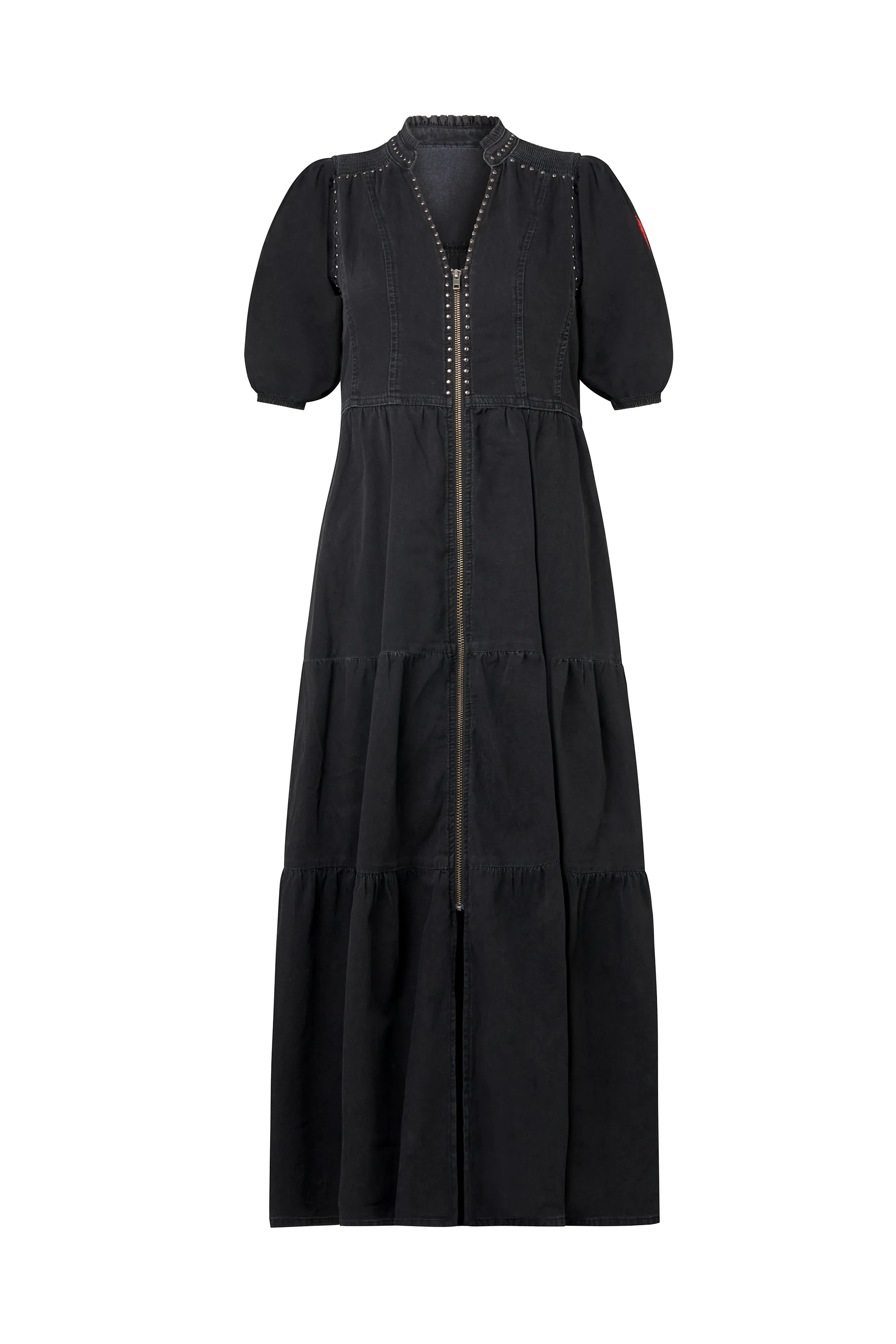 Simple Ease Washed Black Studded Zip Detail Tiered Midi Denim Dress