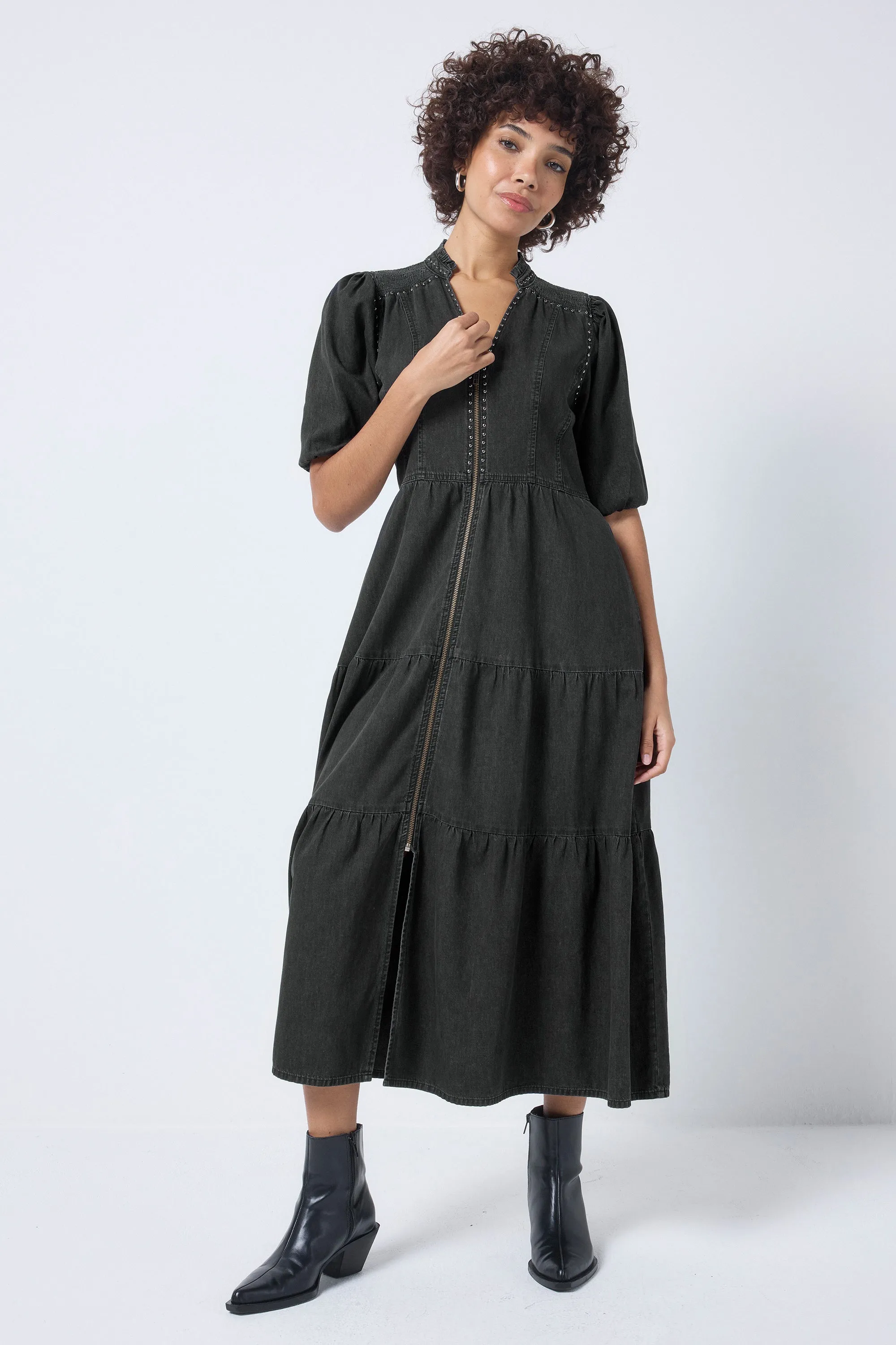 Washed Black Studded Zip Detail Tiered Midi Denim Dress Subtle Glam Perfect Style