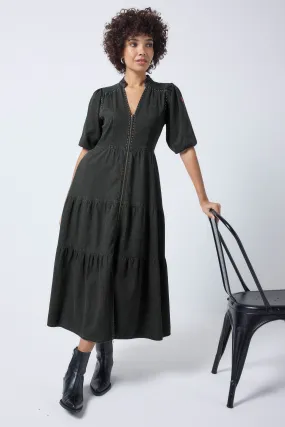 Bold Touches Washed Black Studded Zip Detail Tiered Midi Denim Dress