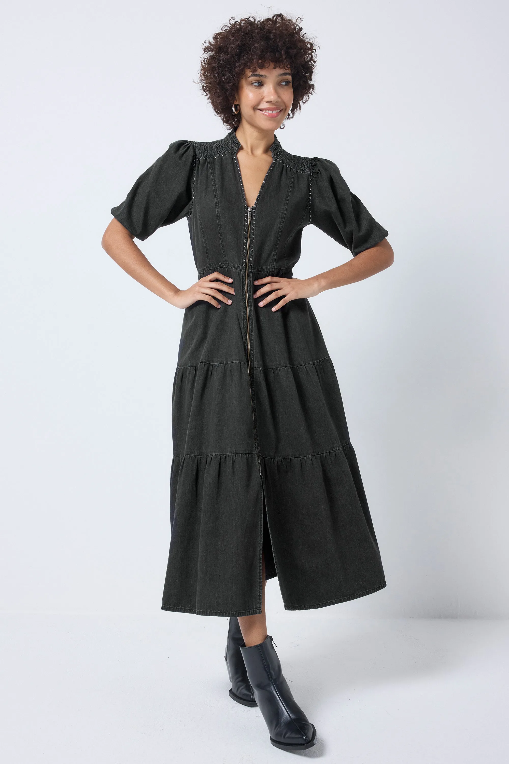 Daily Confidence Chic casual Washed Black Studded Zip Detail Tiered Midi Denim Dress