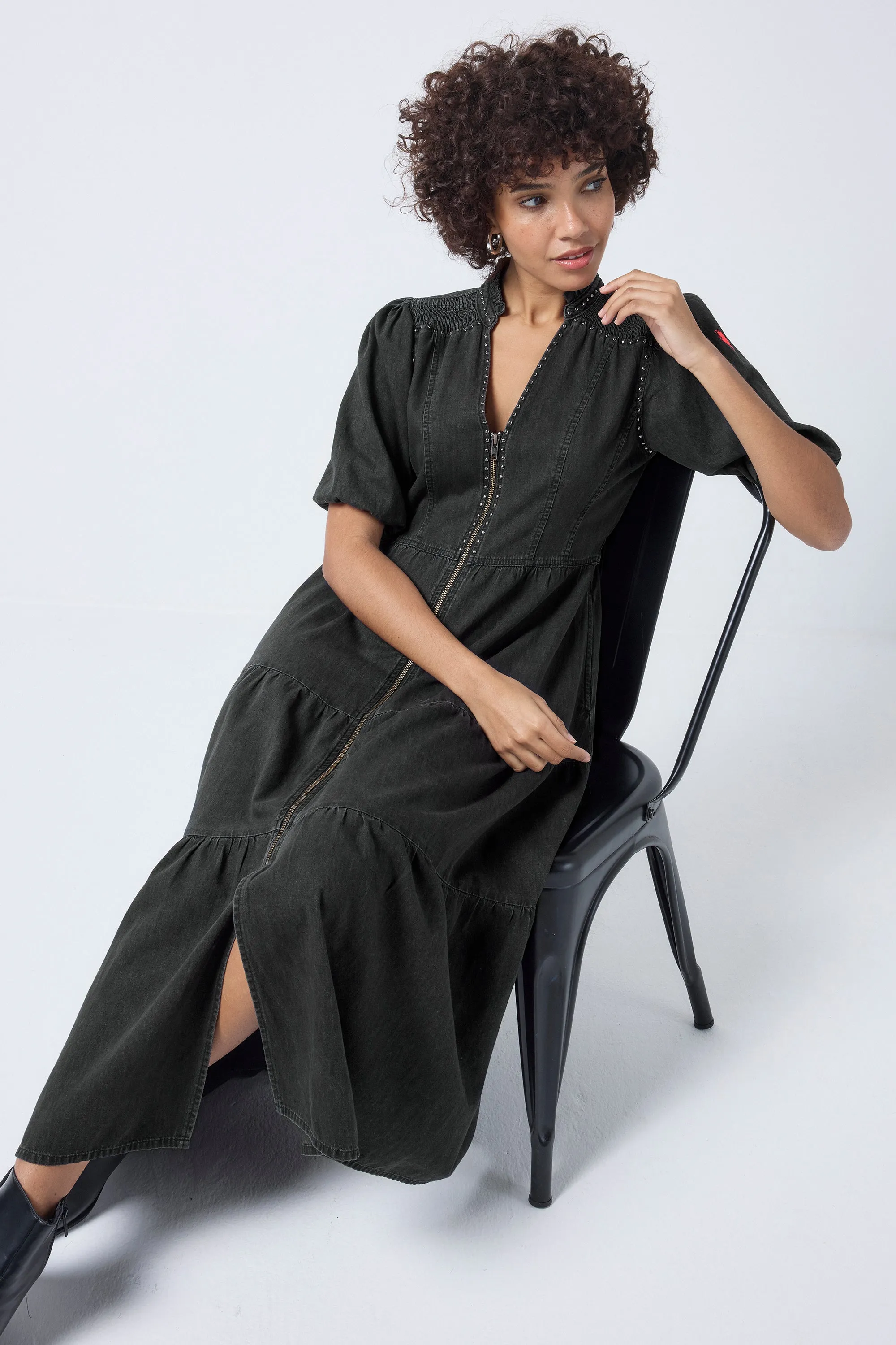Washed Black Studded Zip Detail Tiered Midi Denim Dress Luxury Feel Sleek Waistband