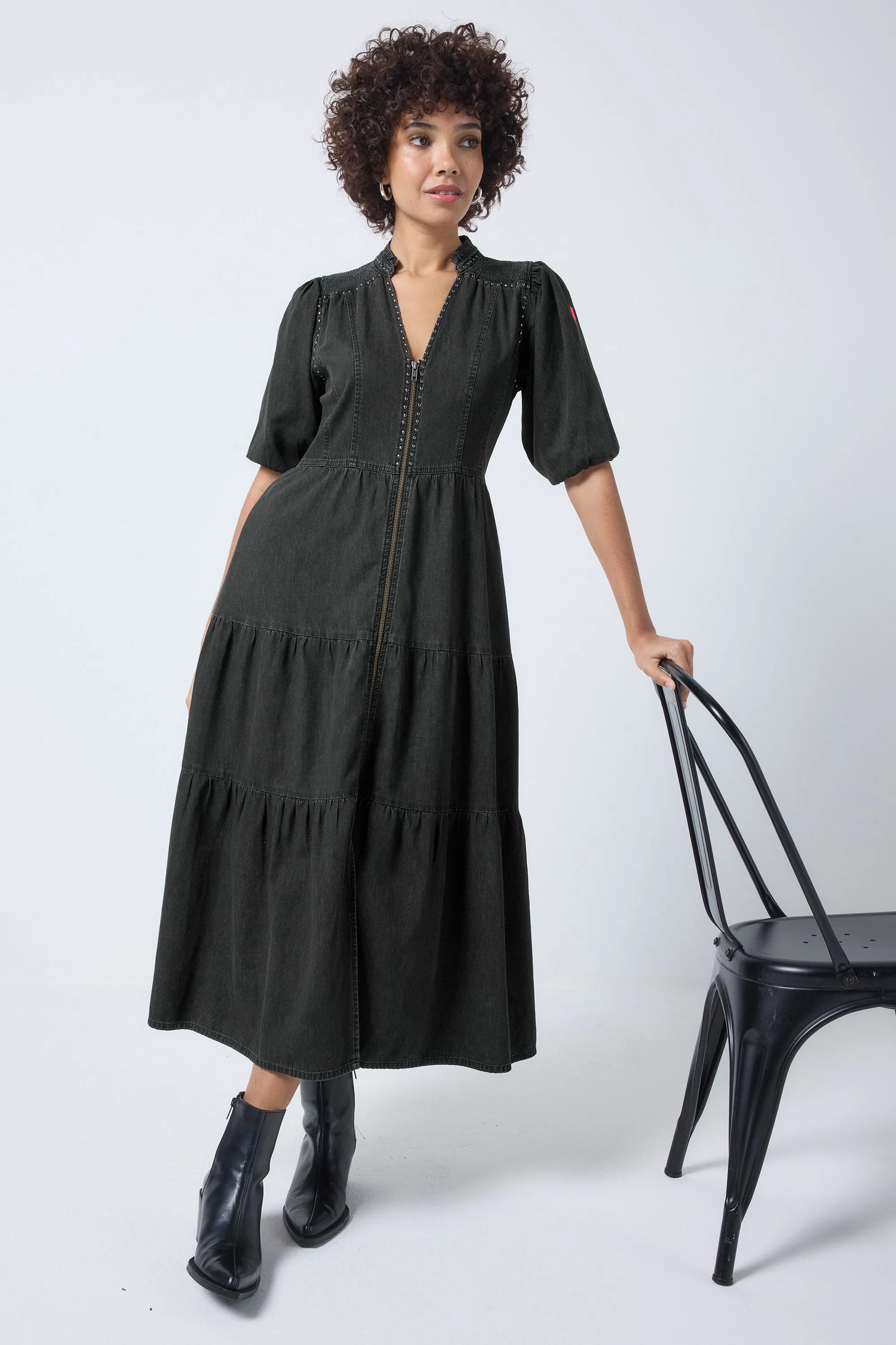 Bold Touches Washed Black Studded Zip Detail Tiered Midi Denim Dress