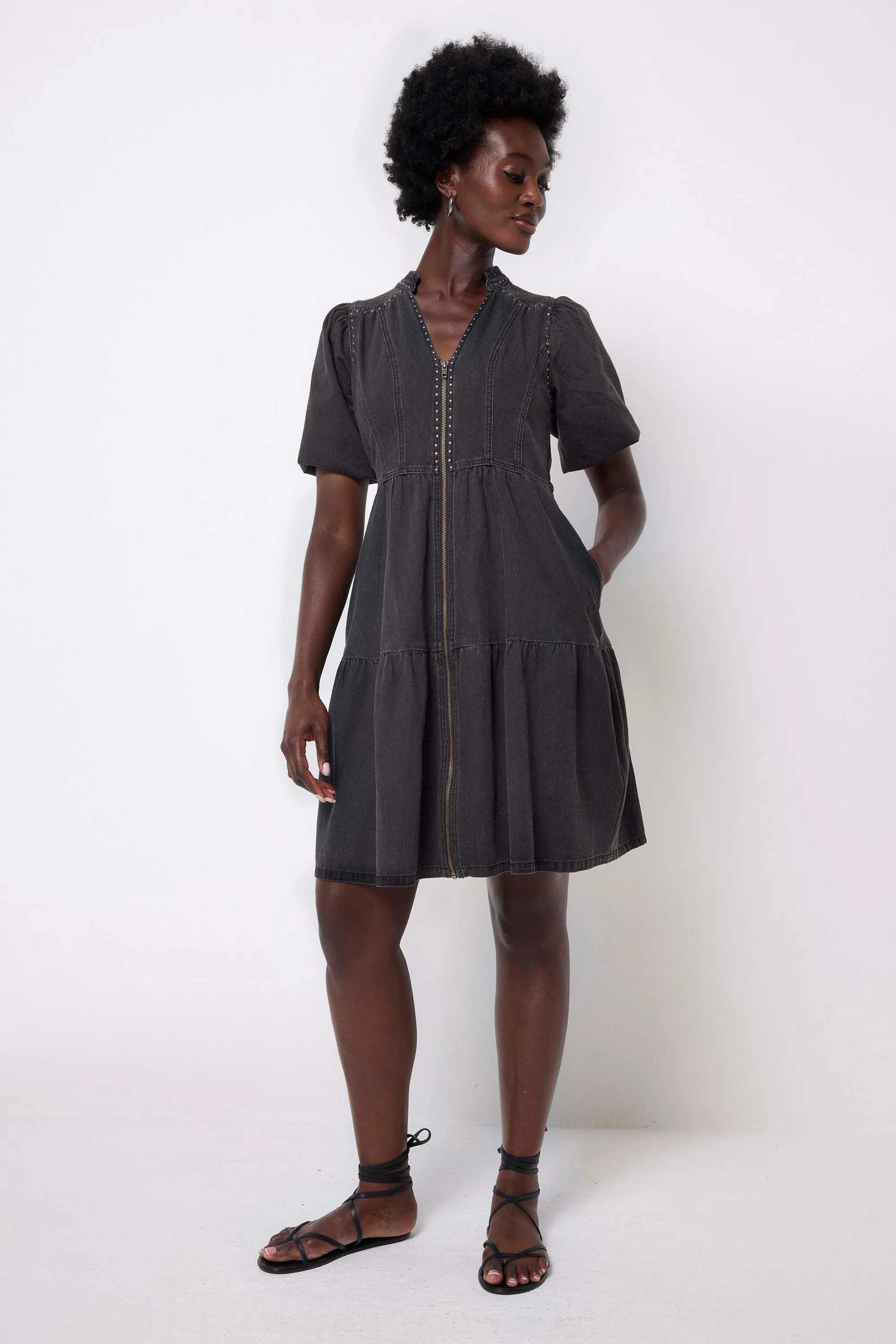 Seasonal Essential One-Shoulder Washed Black Studded Zip Detail Tiered Short Denim Dress