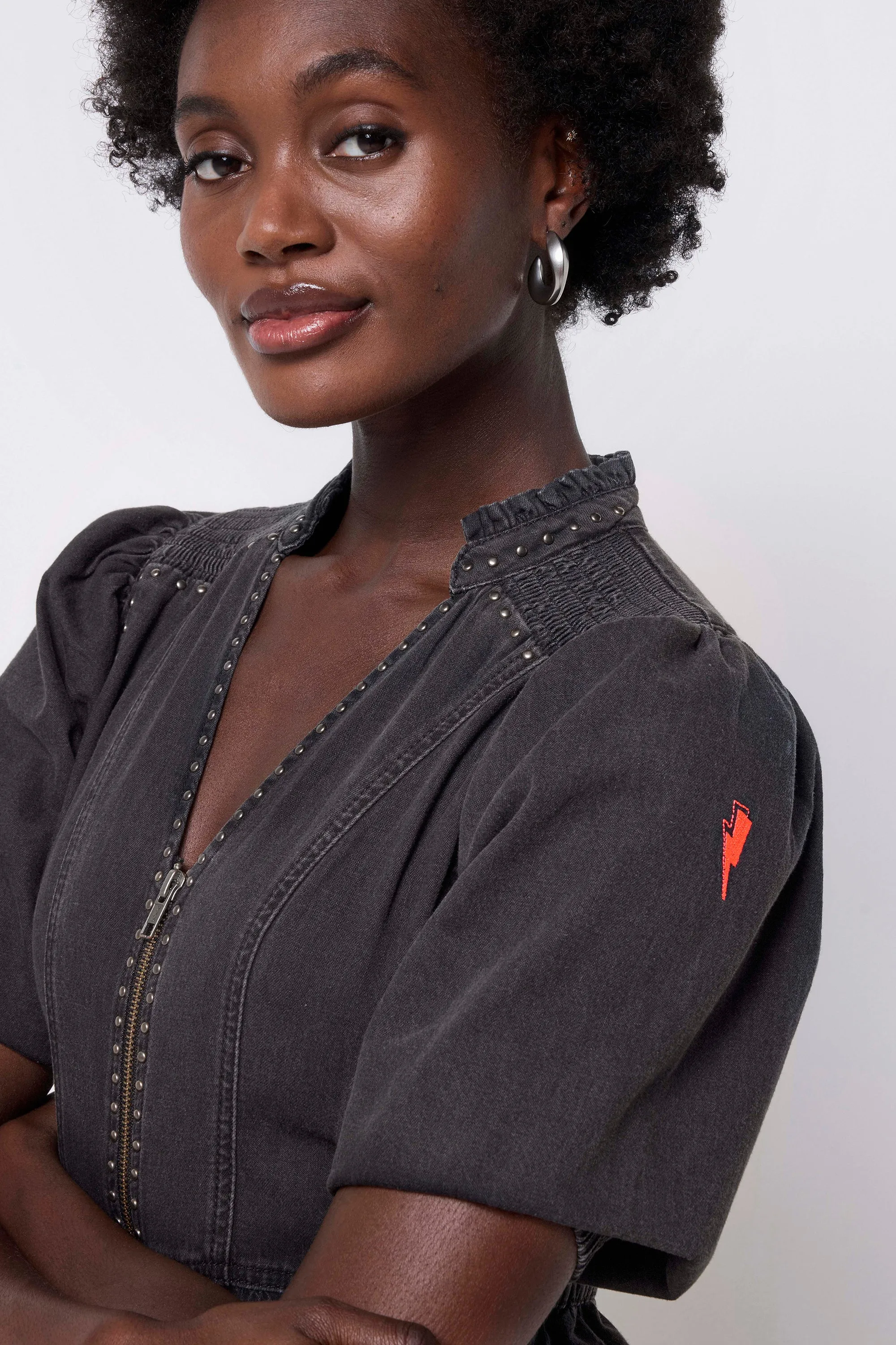 Washed Black Studded Zip Detail Tiered Short Denim Dress Statement-Print